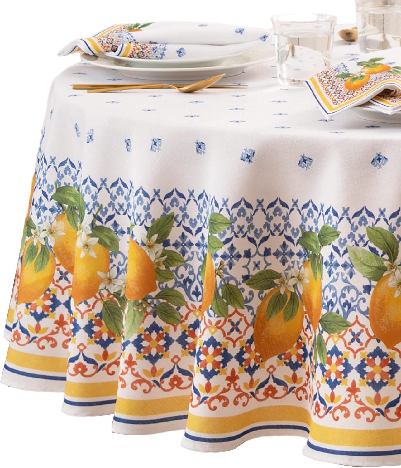 Capri Lemon Double Border Tablecloth - Multicolor - 70" Round - Elrene Home Fashions