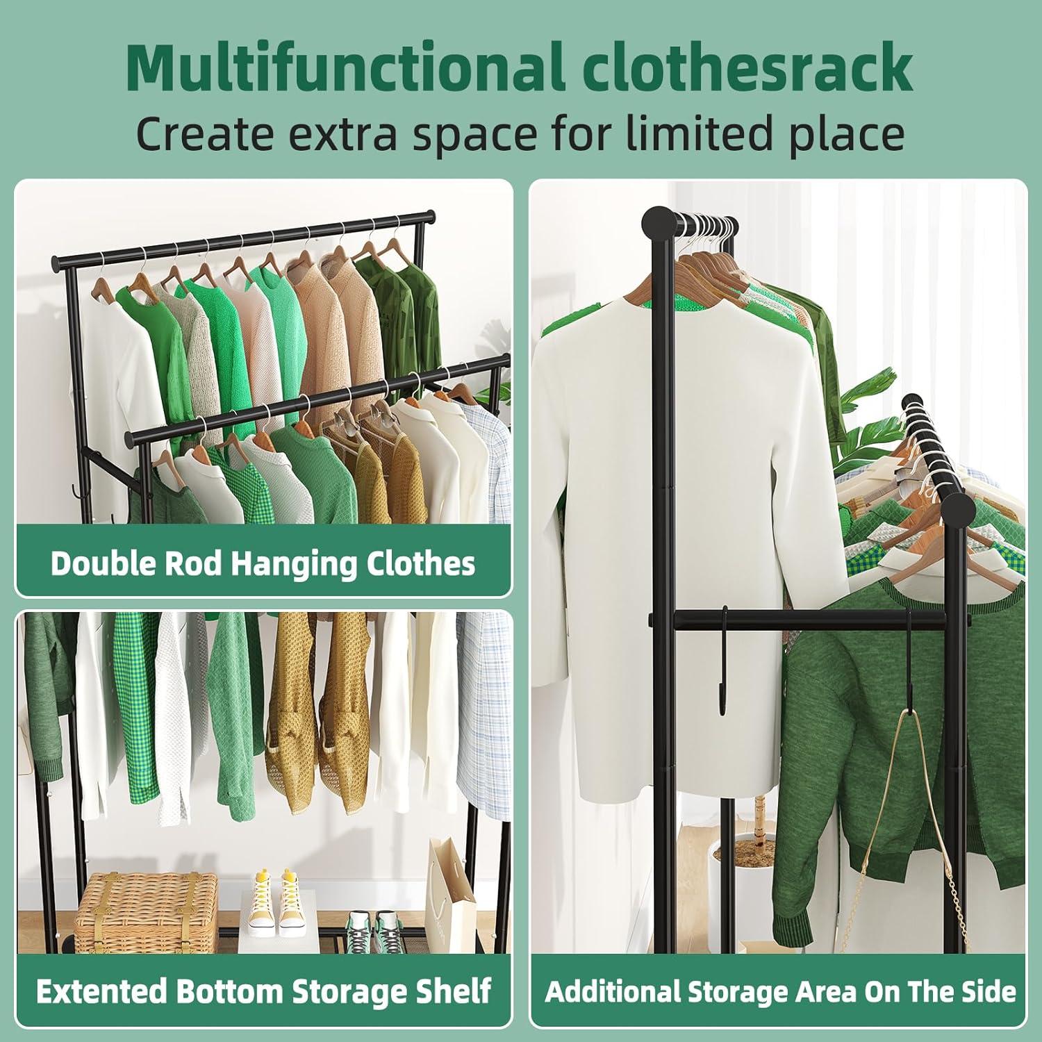 Black Heavy Duty Double Rod Garment Rack with Mesh Shelf