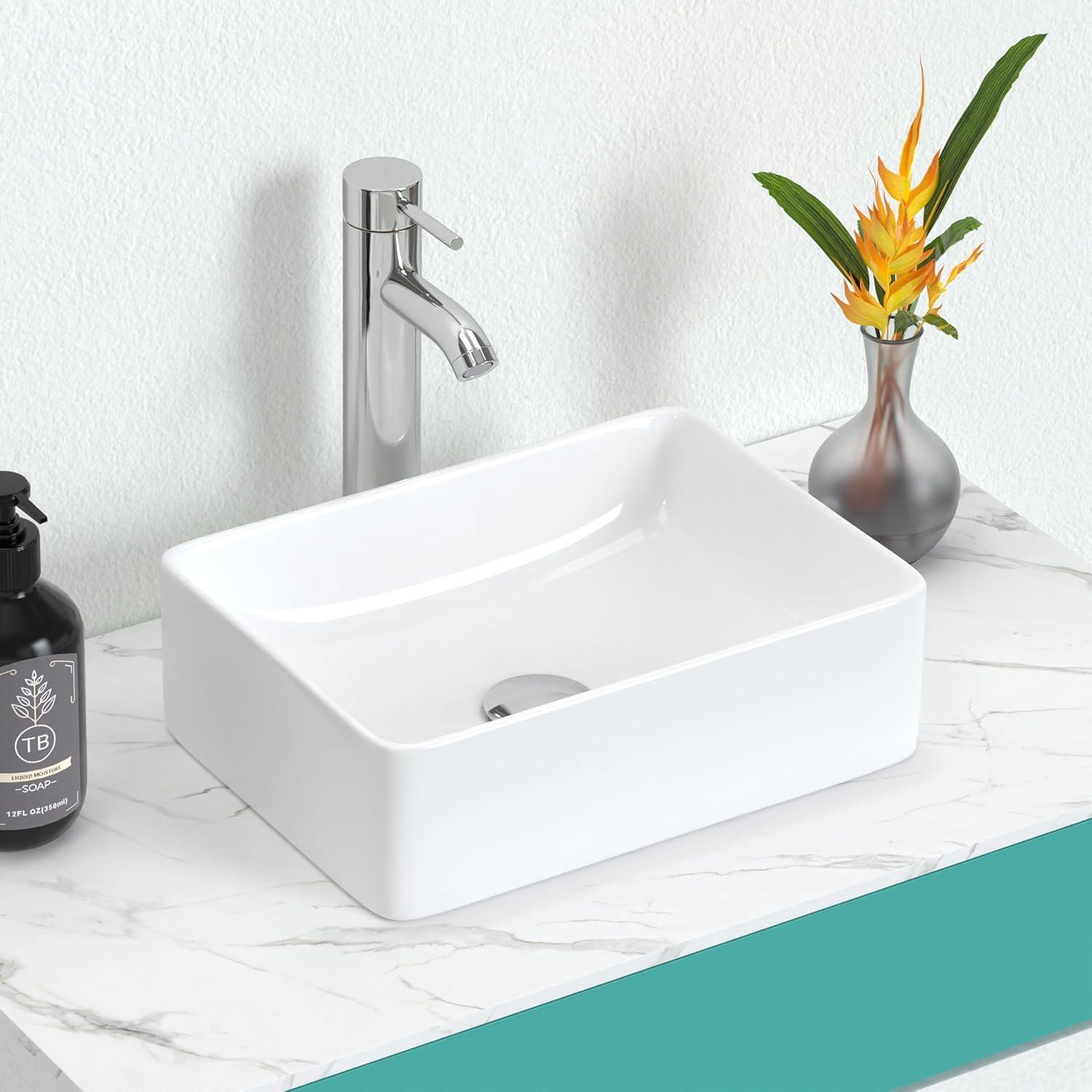 J-FAMILY 14.5'' x 10.6'' Bathroom Small Vessel Sink Above Counter White Porcelain Ceramic Sink Bowl Vanity Sink Lavatory Rectangular Wash Hand Basin