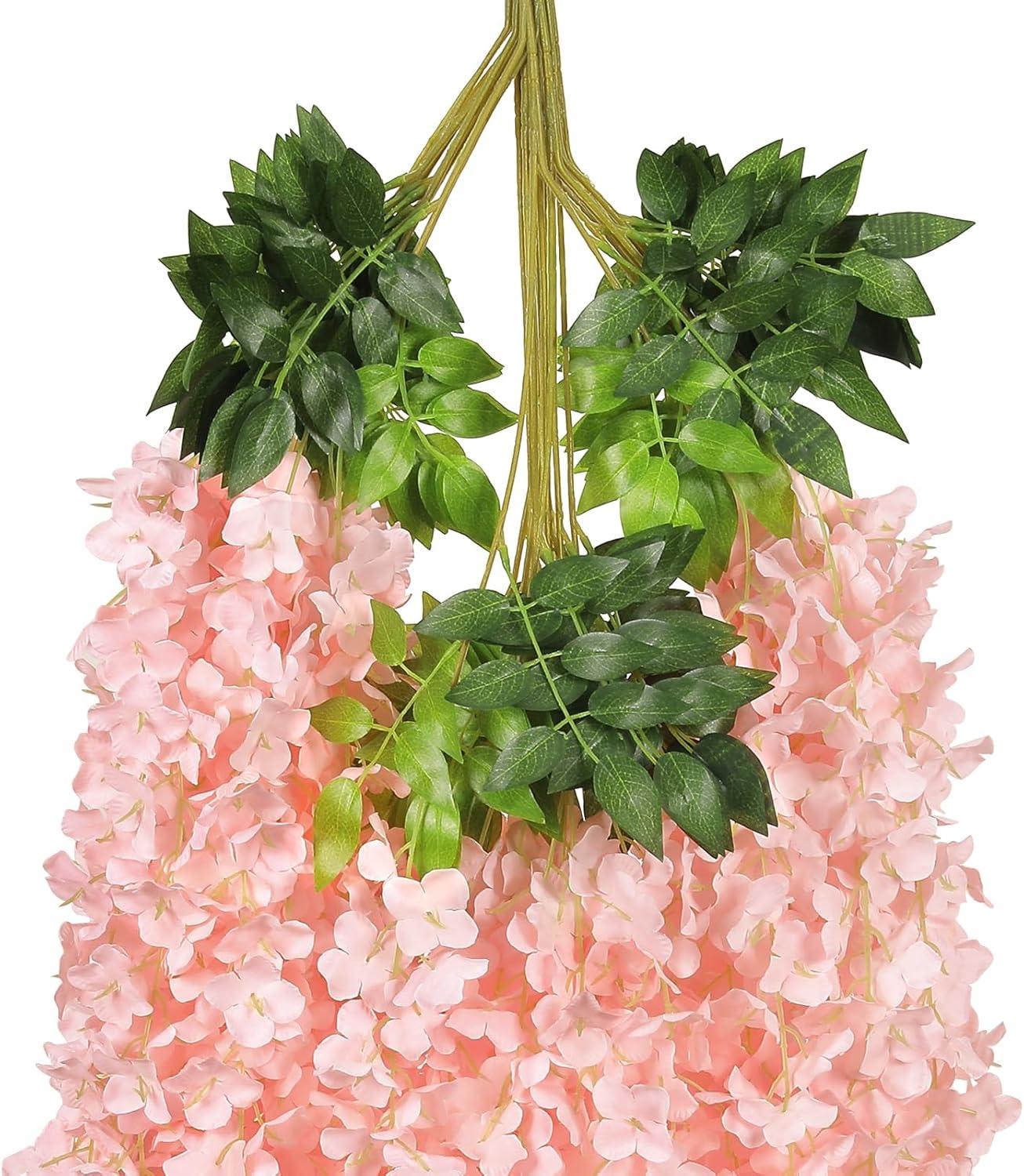 Wisteria Hanging Flowers 24 Pack Fake Flower Garland Artificial Wisteria Vines Rattan Silk Flower String Wedding Party Wall Decorations,Blush Pink