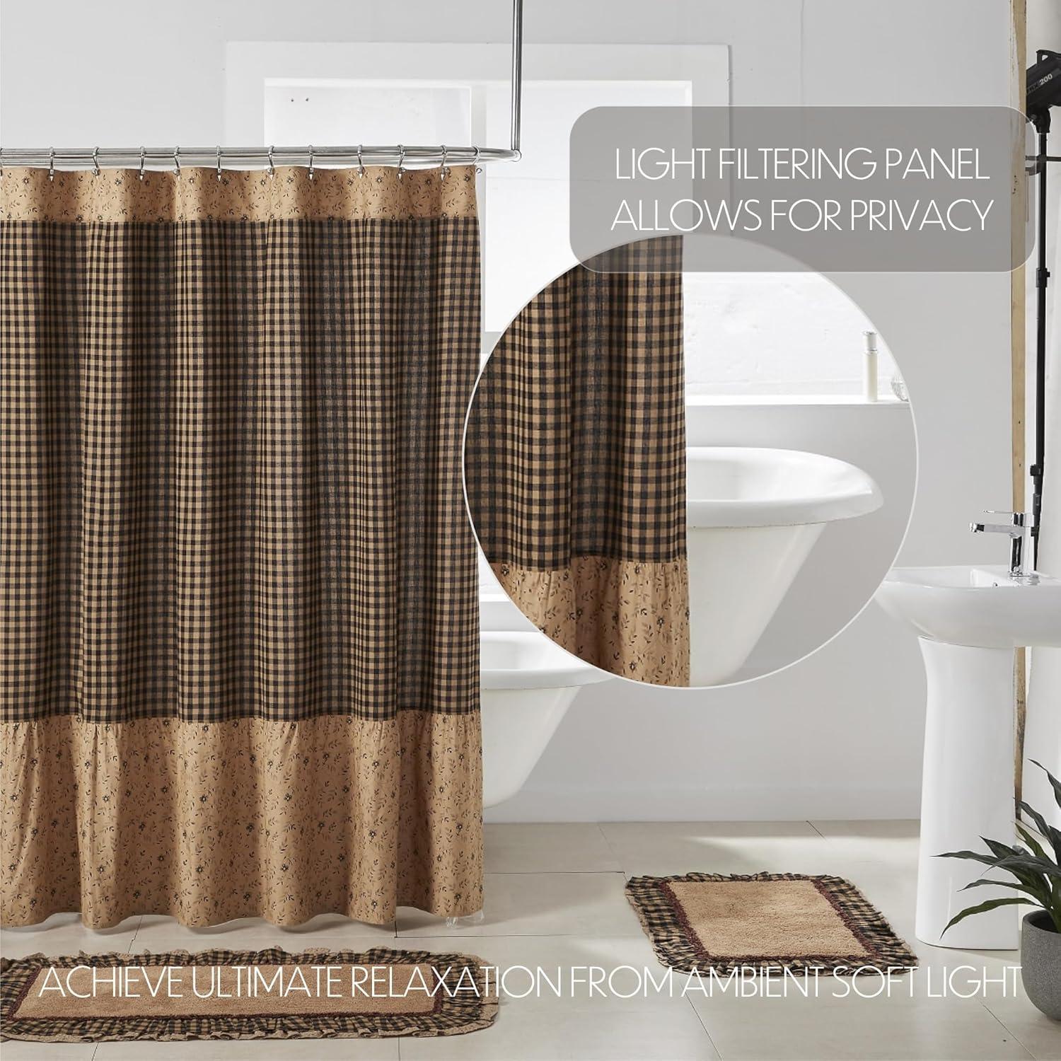 Tan and Black Ruffled Patchwork Fabric Shower Curtain