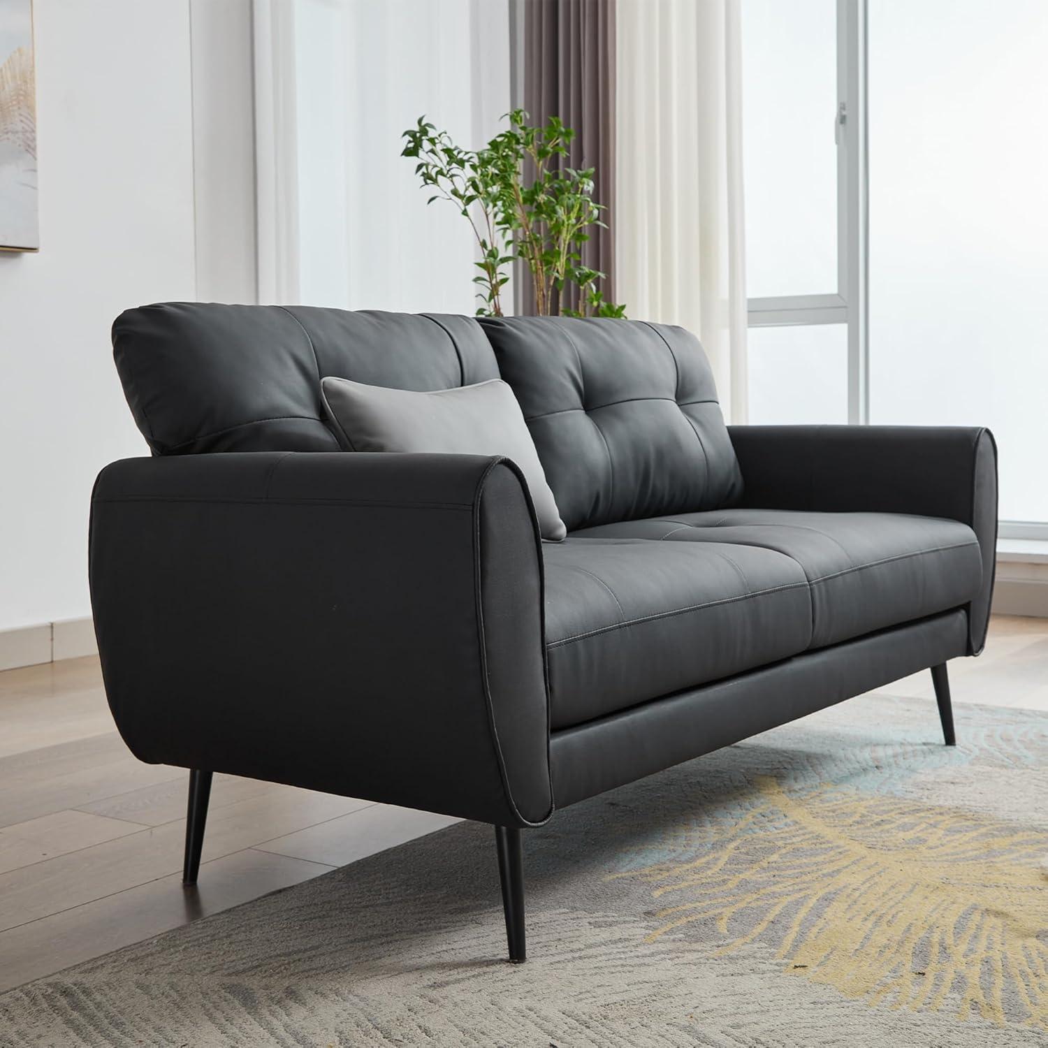 Black Faux Leather Tufted Loveseat with Solid Wood Frame