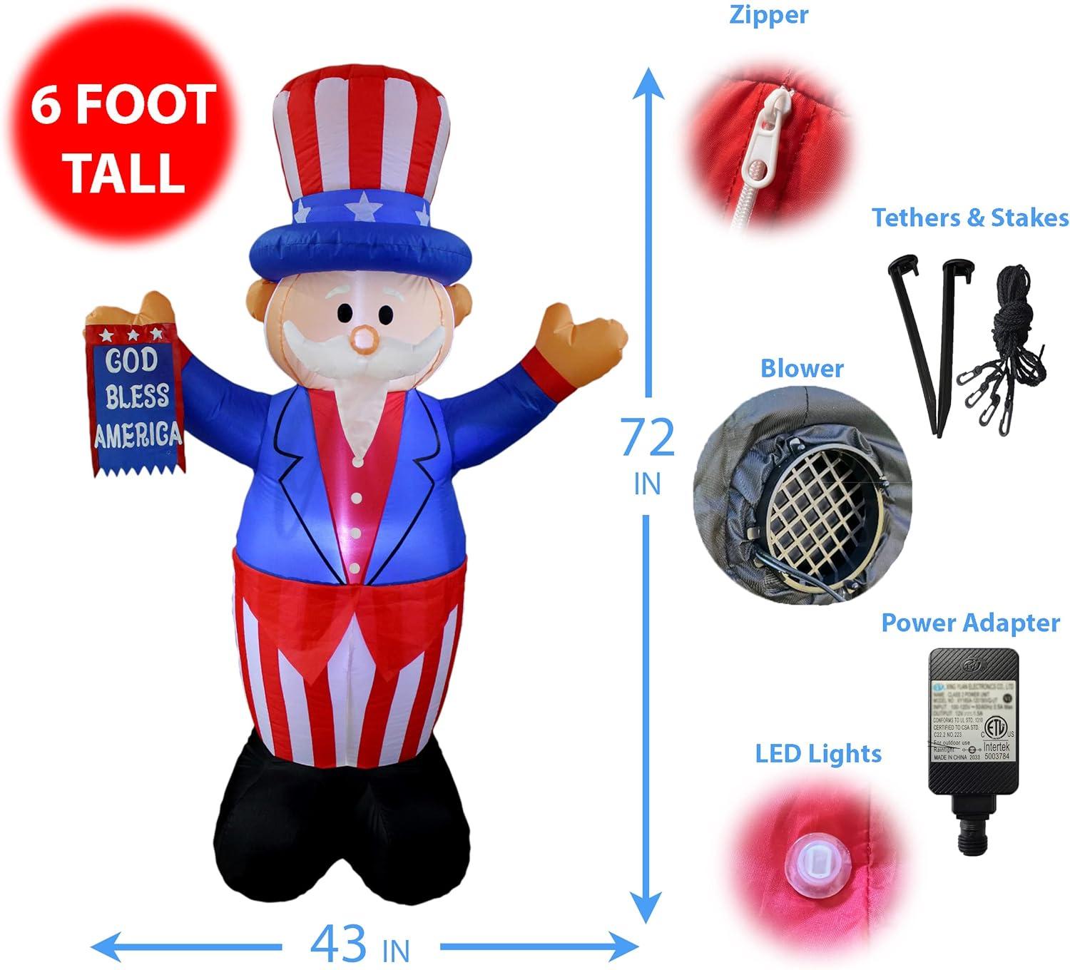 6 Foot Tall Lighted Patriotic Independence Day 4th of July Inflatable Uncle Sam with Flag Indoor / Outdoor Blow Up Holiday Yard Decoration