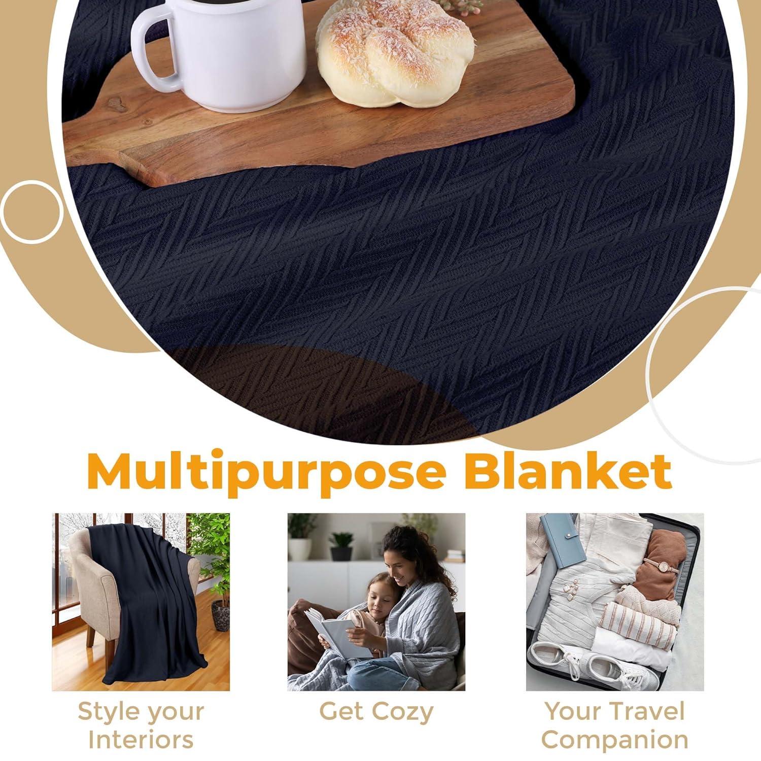 Chevron Zig-Zag Cotton Blanket, Full/Queen, Navy Blue - Blue Nile Mills