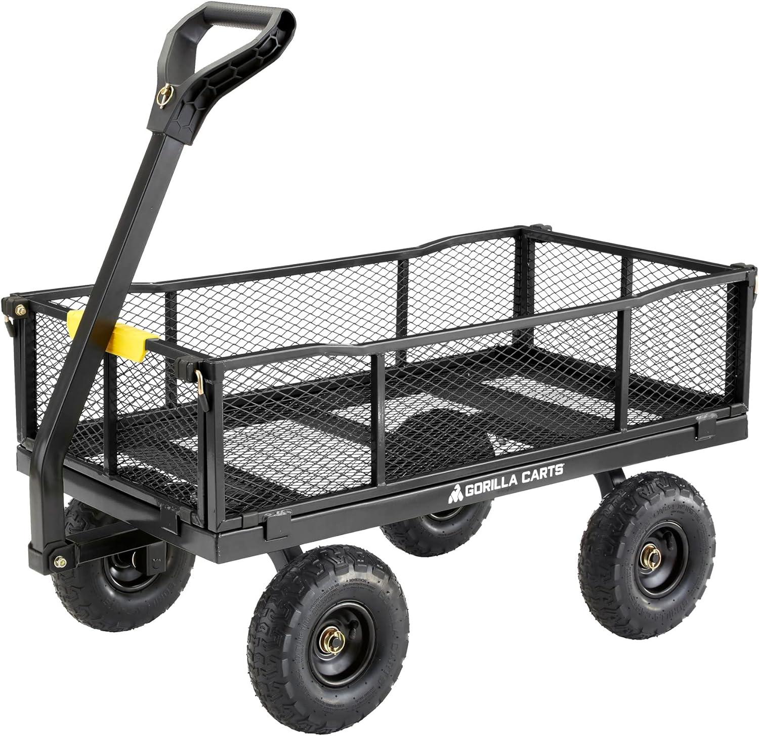 Gorilla Carts Steel Utility Cart, 4 Cubic Feet Heavy Duty Garden Wagon Outdoor Moving Cart with Wheels, 900 Pound Capacity, Removable Sides, Gray