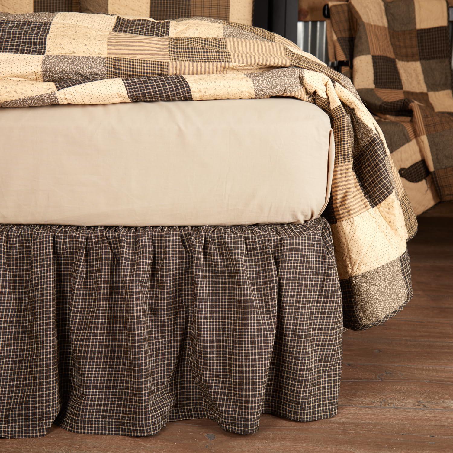 Queen Black and Beige Plaid Cotton Bed Skirt
