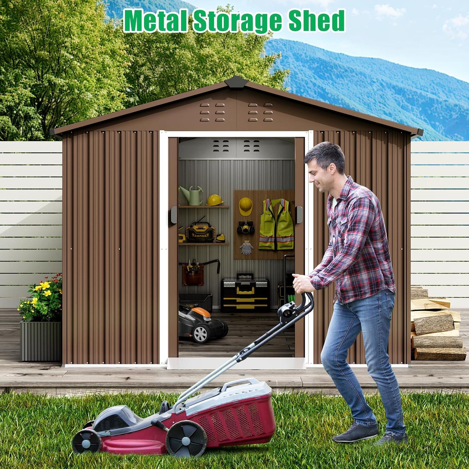 12x10 FT Outdoor Metal Storage Shed Garden Tool House With Lockable Doors and Vent Brown
