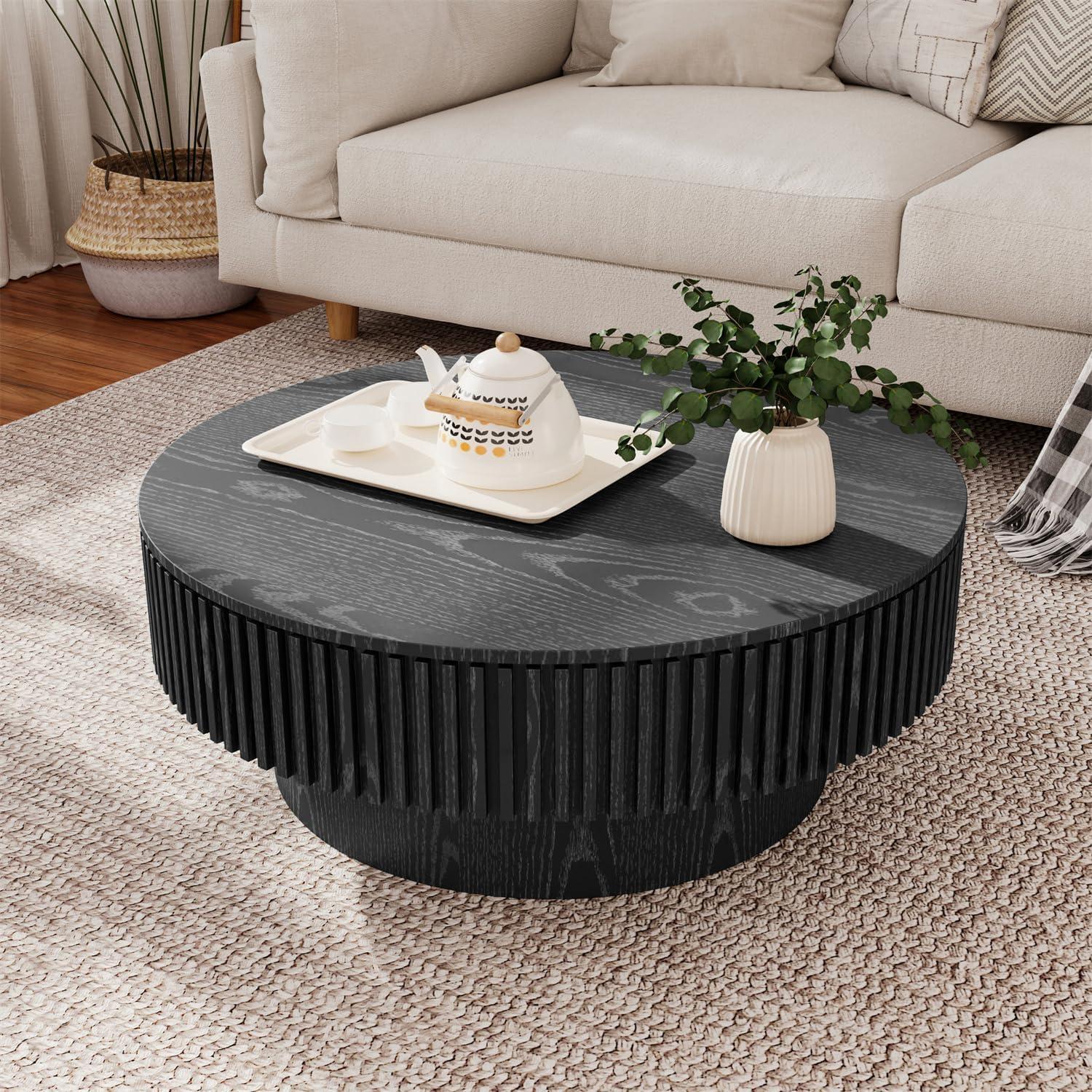 Round Coffee Table with Storage, Modern Wooden Coffee Table with Solid Wood Veneered, 31.5" Small Circle Center Table,Tea Table for Living Room,Home Small Space,Black
