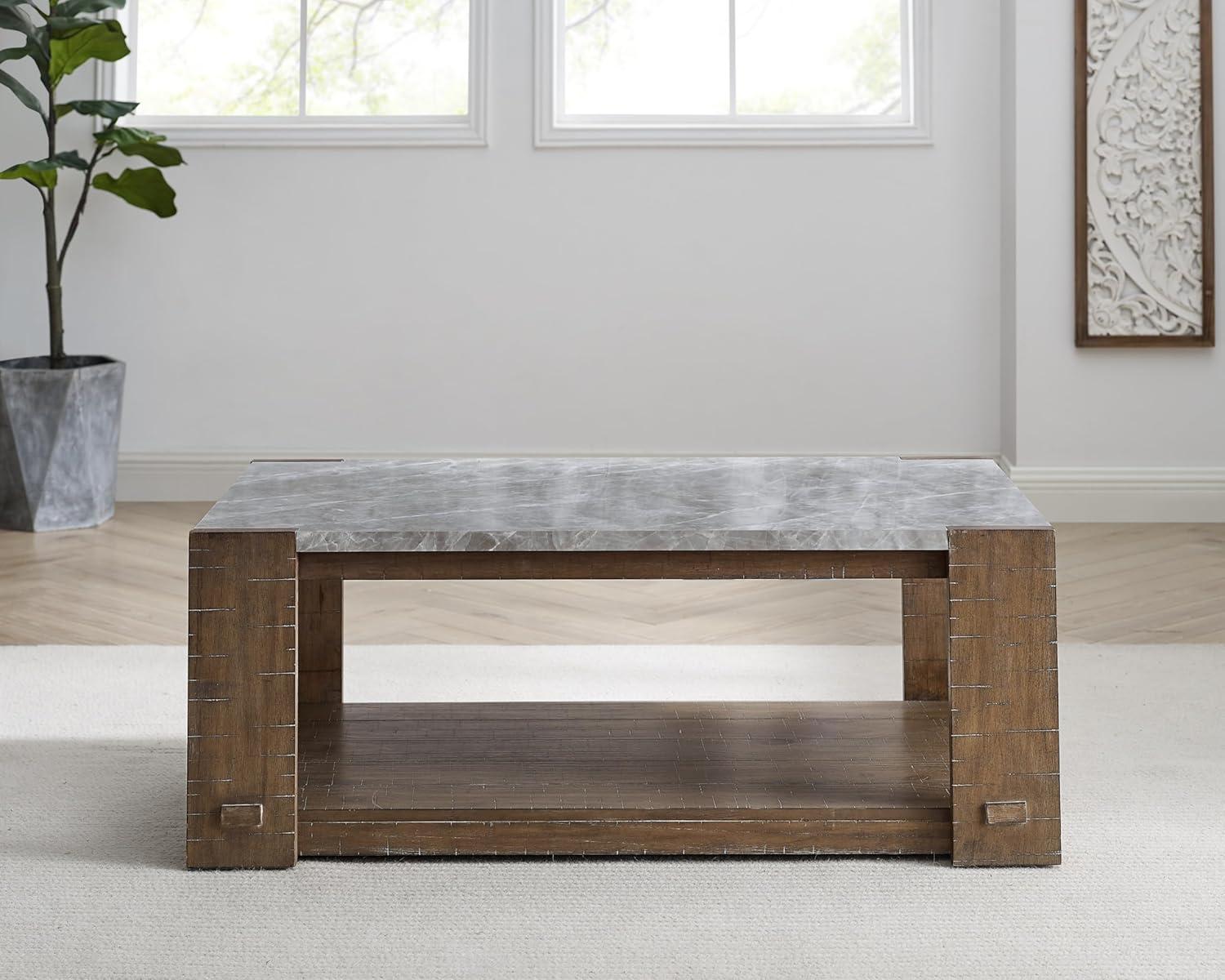 Libby 48" Brown Sintered Stone and Wood Coffee Table with Casters