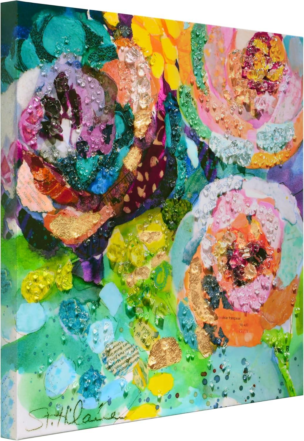 "Floral Radiance I" Crystallus Epoxy Coated Wrapped Glossy Canvas Wall Art with Heavy Acrylic Crystal Shards Embellishments,