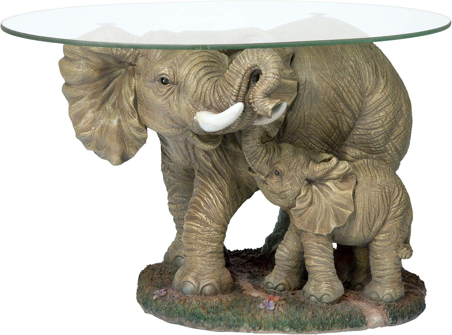 Elephant Mother and Calf Oval Glass Coffee Table