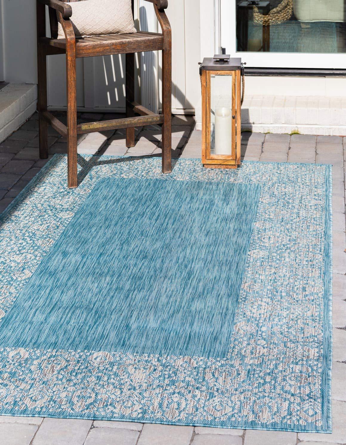 Unique Loom 7' 1 x 10' 0 Rectangle Indoor/Outdoor Border Aqua Area Rug