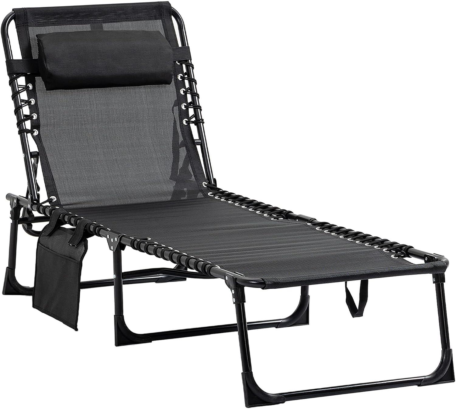 Black Folding Chaise Lounge Chair with Adjustable Backrest and Pillow