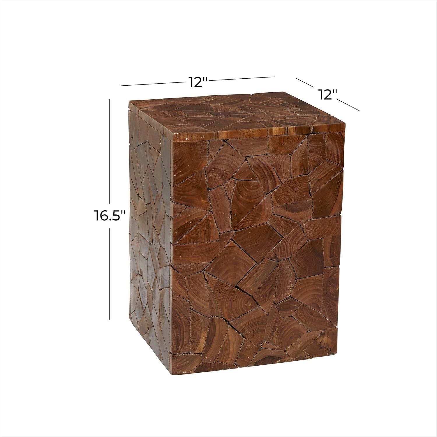 DecMode 12" x 16" Brown Teak Wood Handmade Accent Table with Mosaic Wood Chip Design, 1-Piece