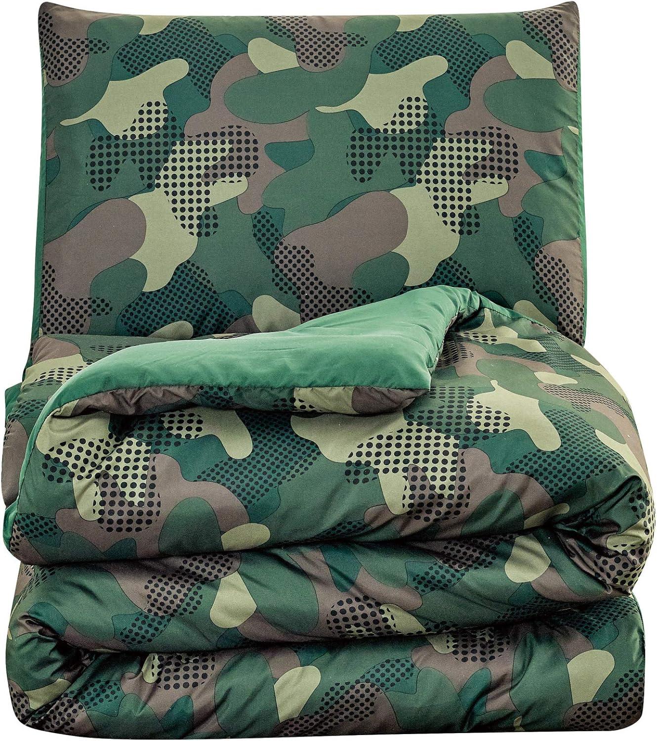 WPM Twin Camouflage Print Comforter Army Green Theme Bedding Set with Sheet, Pillow sham and Plush Pillow (Camouflage Military, Twin Comforter)