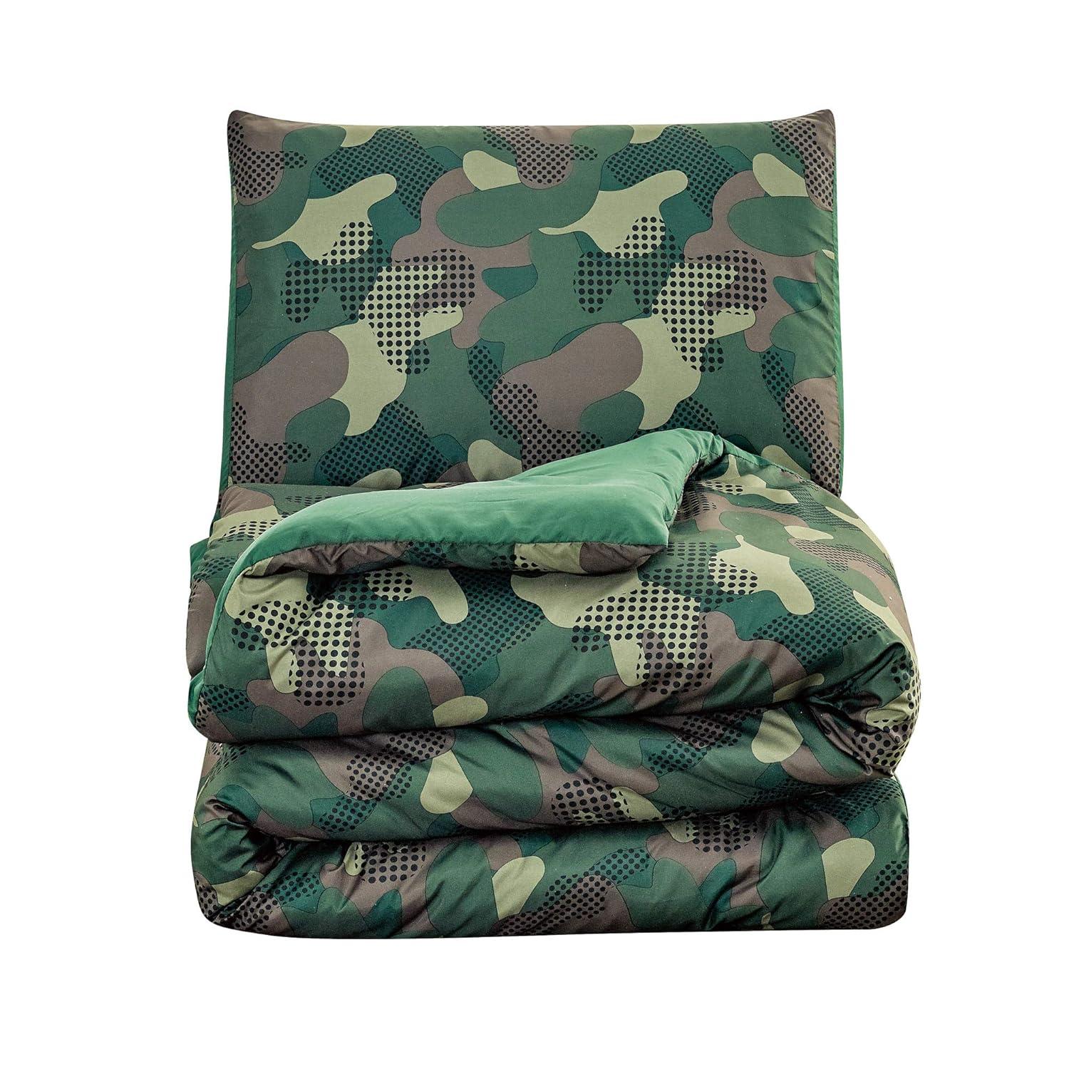 WPM Twin Camouflage Print Comforter Army Green Theme Bedding Set with Sheet, Pillow sham and Plush Pillow (Camouflage Military, Twin Comforter)