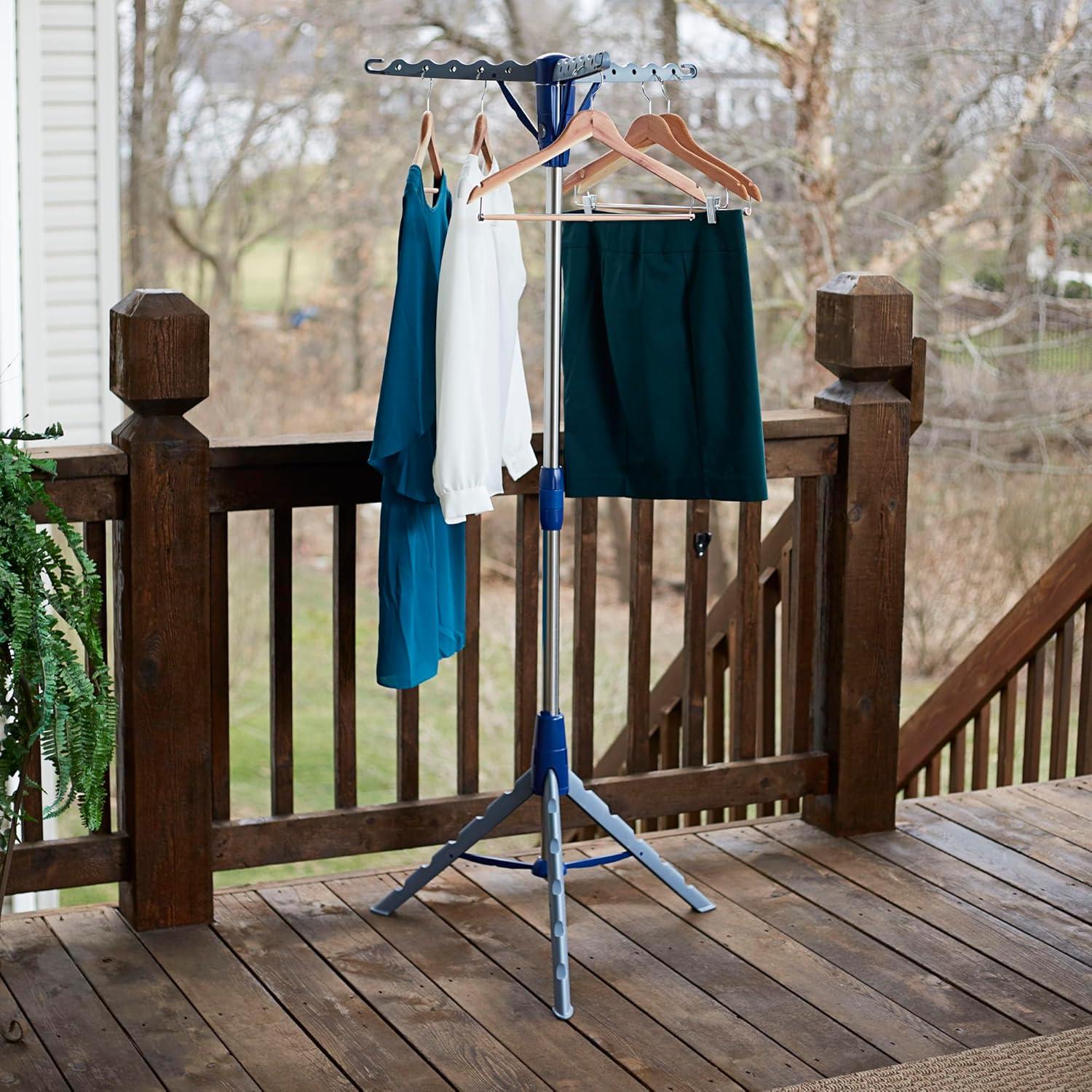 Silver and Blue Collapsible Tripod Clothes Drying Rack