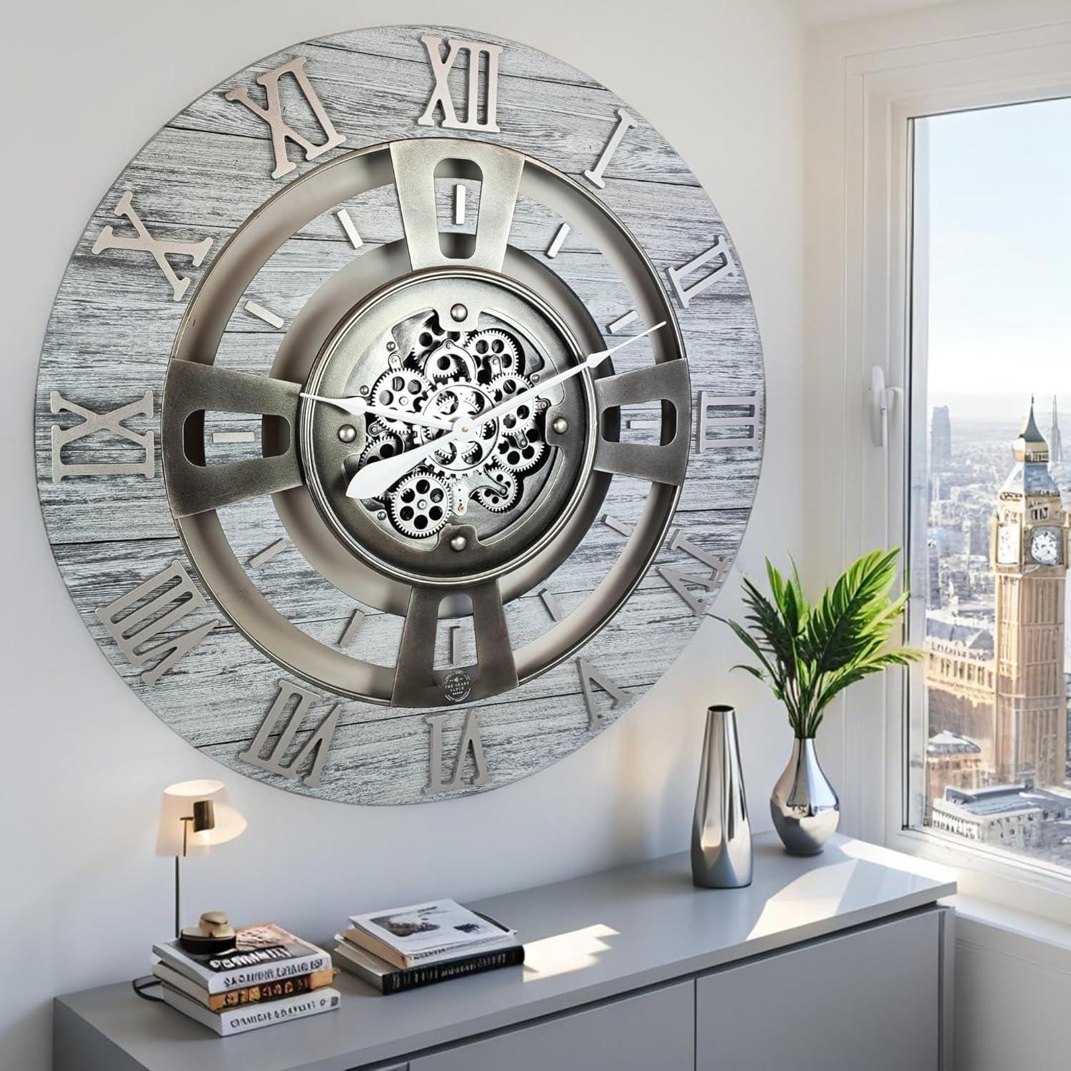 The Gears Clock Wall Clock 36" Oversized for Living Room decor with Real Moving Gears England Collection & Reviews | Wayfair