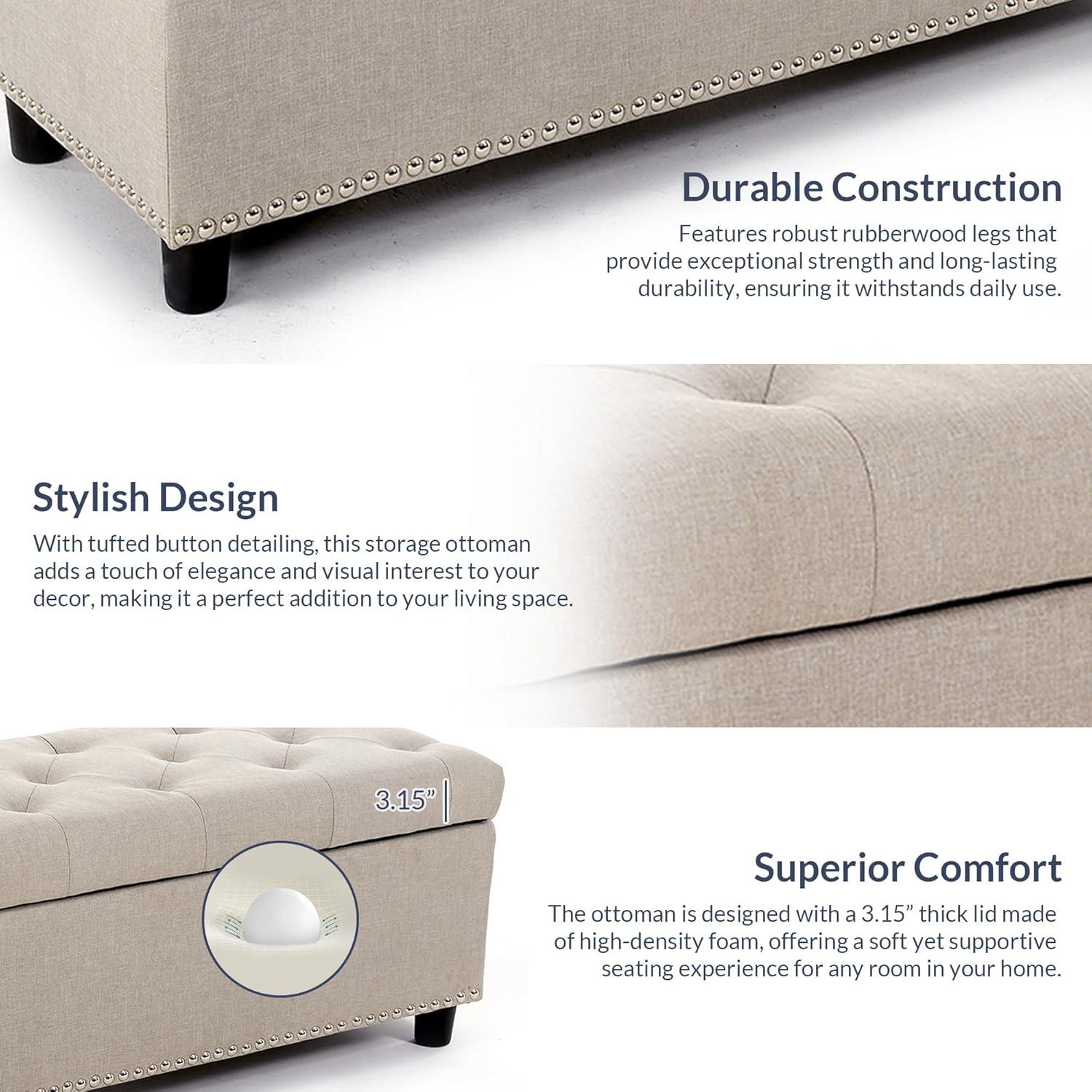 BELLEZE Button-Tufted Linen Storage Ottoman Bench - Brentwood (Dark Gray)