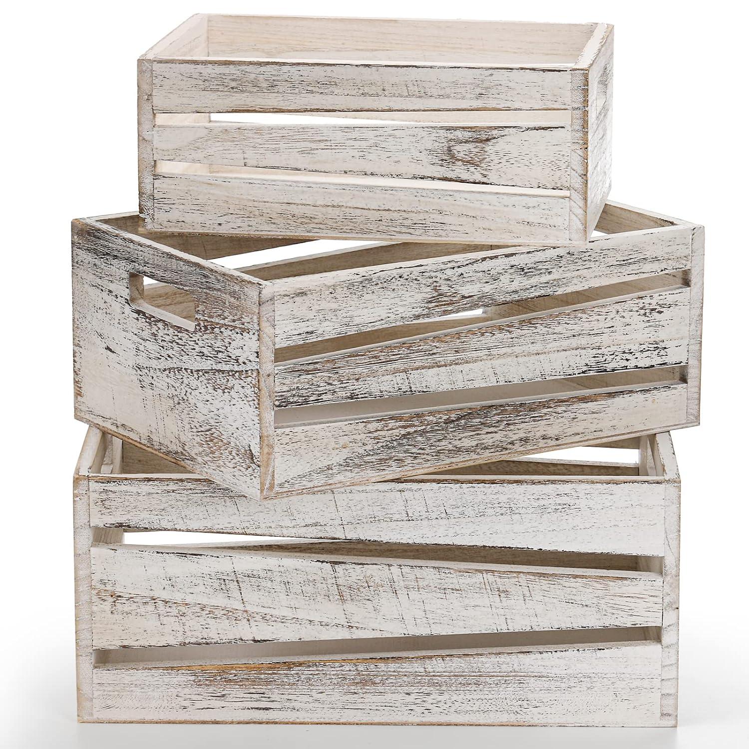 Admired By Nature Wooden Crates Storage Container, Rustic White Set of 3, Farmhouse Style Decorative Baskets for Home Decor, Rustic Decor, Nesting Stackable Organizers, Distressed Wood Crates C21