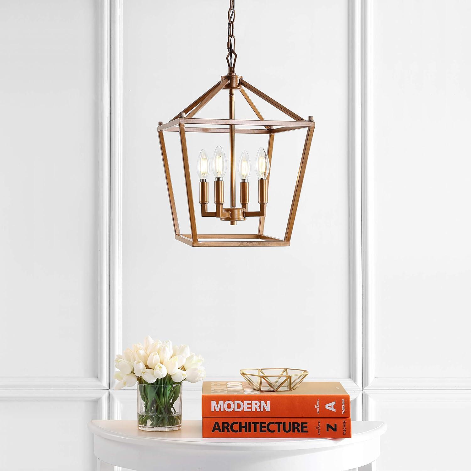 JONATHAN Y Marion Lantern Metal LED Pendant, by JONATHAN Y Antique Gold 4 12" Antiqued Adjustable N/A,Gold 7 to 12 Inches