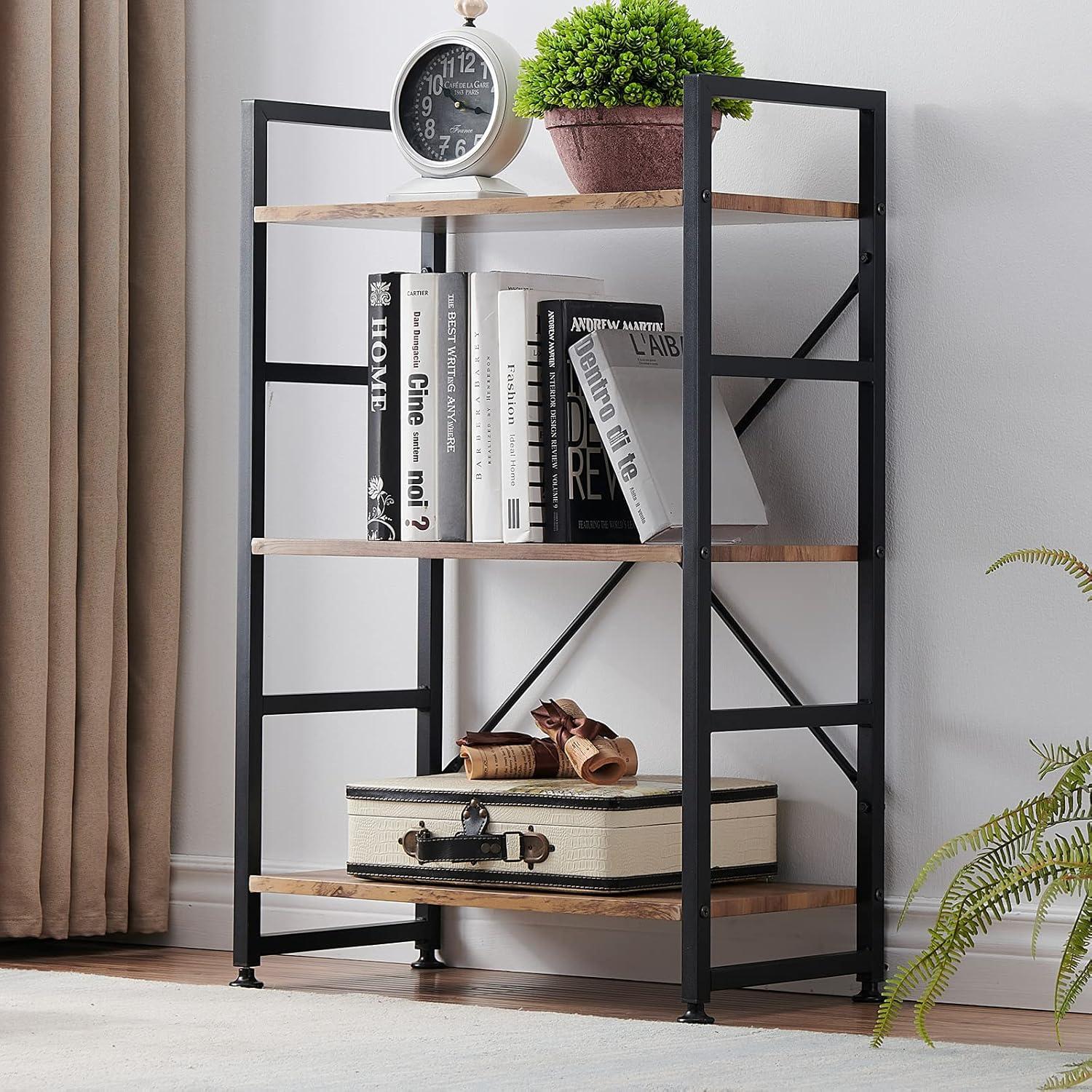 Rustic Brown 3-Tier Wood and Metal X-Frame Bookshelf