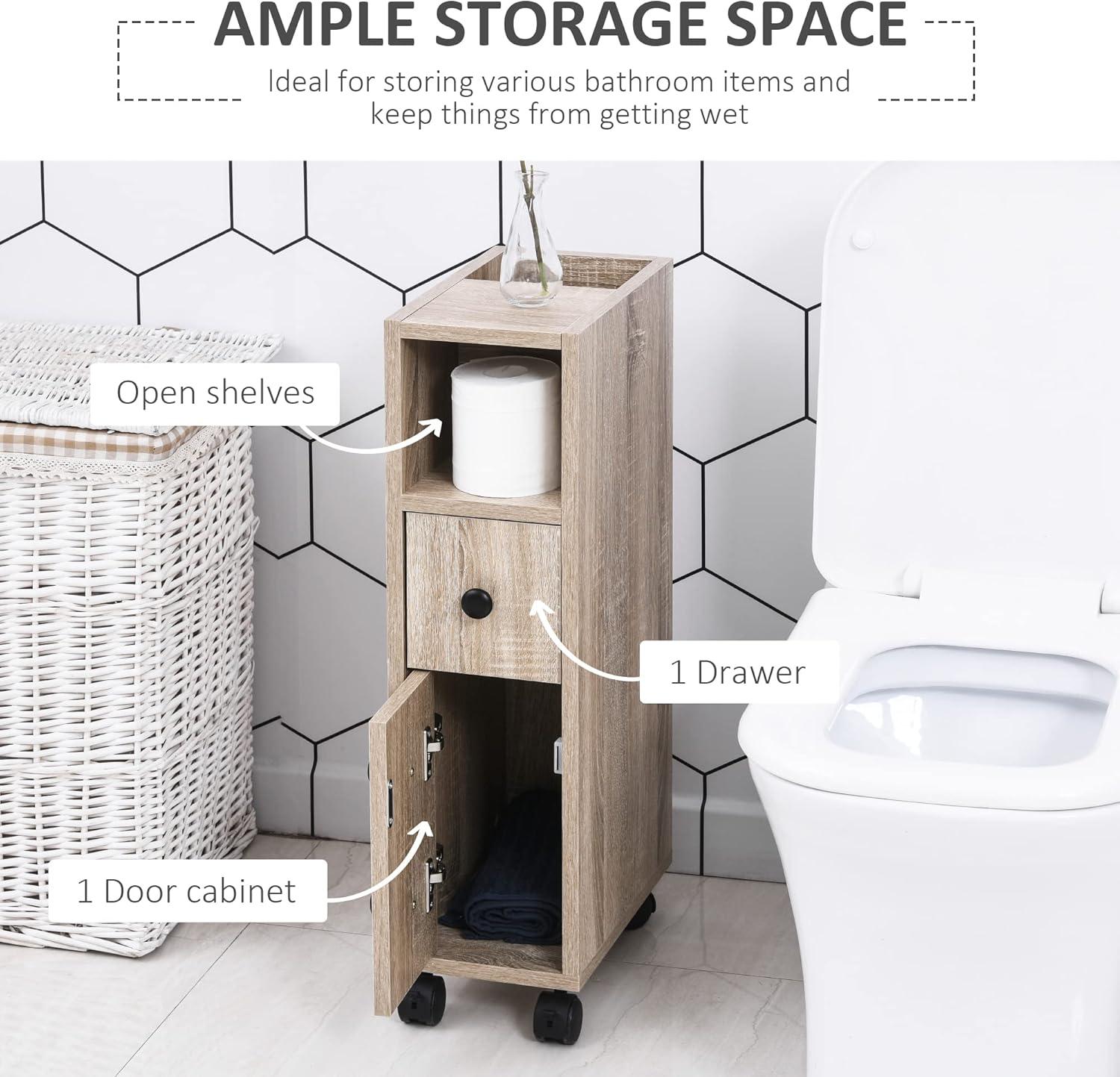 kleankin Freestanding Compact Design Bathroom Cabinet with 2 Open Cabinets, 1 Door Cabinet, 1 Drawer and 4 Rolling Wheels, Oak Grain Color