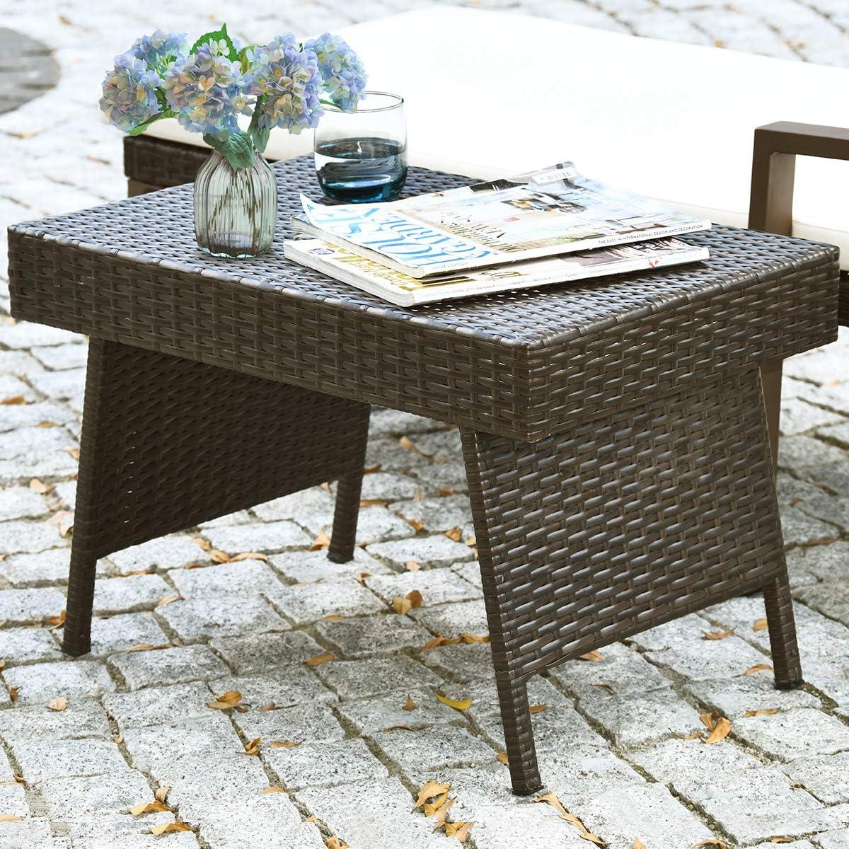 Costway Patio Folding Wicker Side Coffee Table Poolside Garden Lawn Bistro Furniture