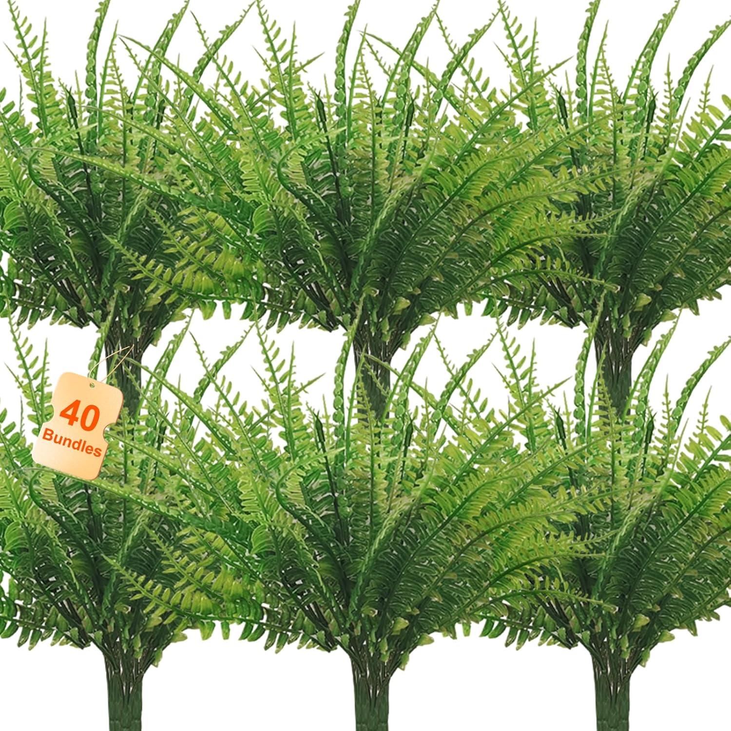 40 Pcs Artificial Boston Fake Fern Plants Bushes Faux Plants Shrubs Greenery UV Resistant for House Office Garden Indoor Outdoor Décor