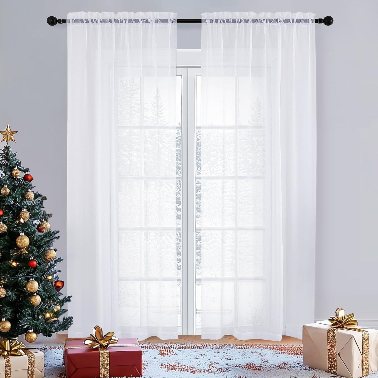 OVZME White Sheer Curtains 84 inches Long 2 Panels Set, Sheer White Curtains for Living Room/Bedroom, Rod Pocket Light Filtering Sheer Drapes, Airy Lightweight Window Treatments, Each 42W x 84L