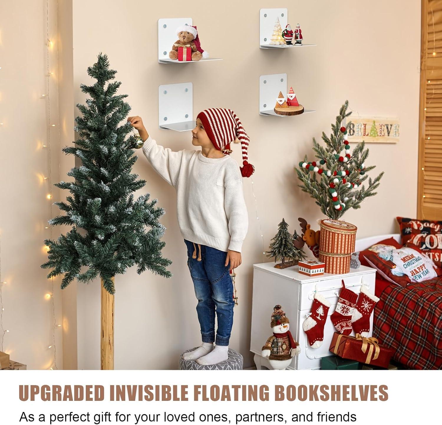 Eapele Invisible Floating Bookshelf, Heavy-Duty Hanging Bookshelves, Steel Constructed Wall Mounted Hidden Bookshelf with Mounting Hardware, 4PCS White