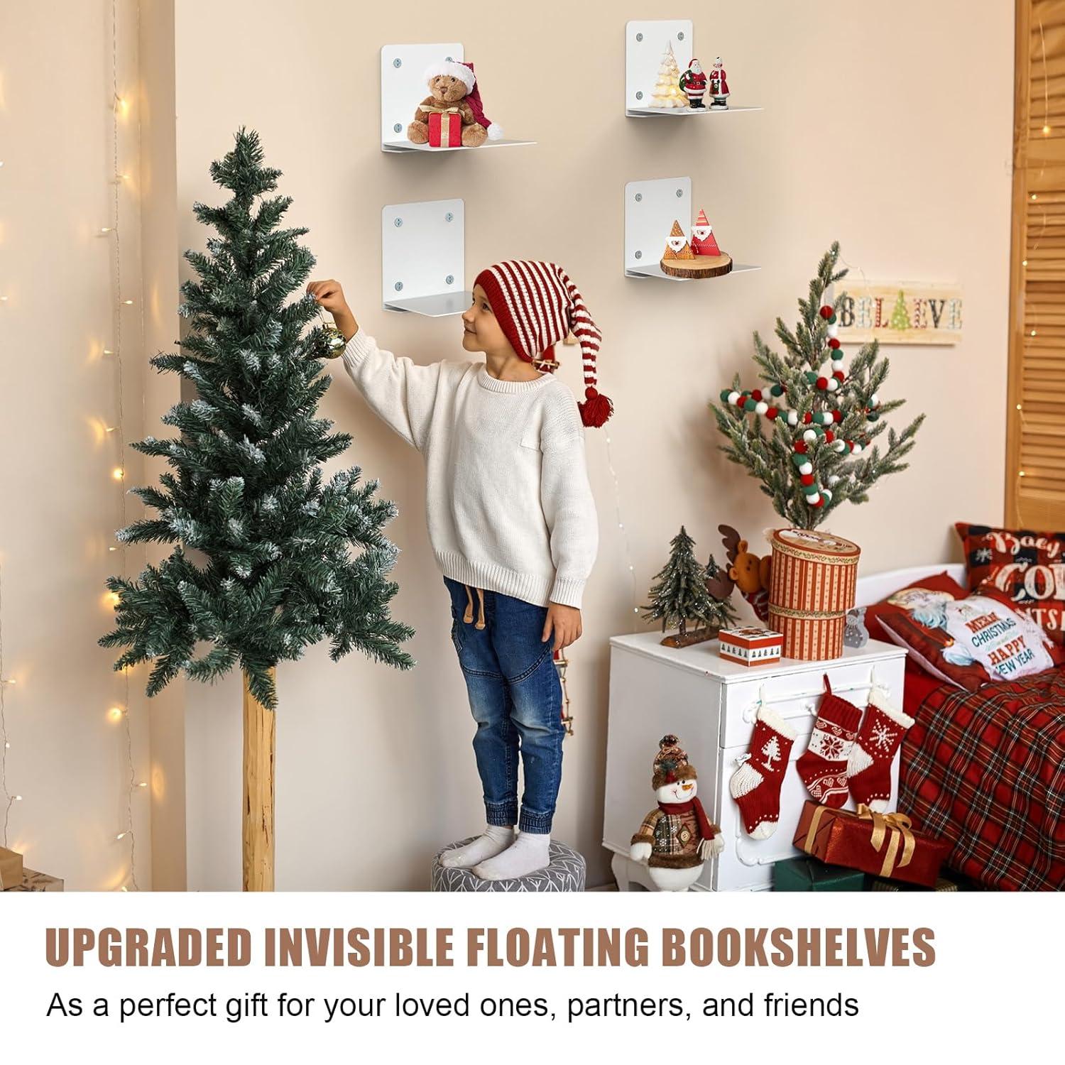 Eapele Invisible Floating Bookshelf, Heavy-Duty Hanging Bookshelves, Steel Constructed Wall Mounted Hidden Bookshelf with Mounting Hardware, 4PCS White