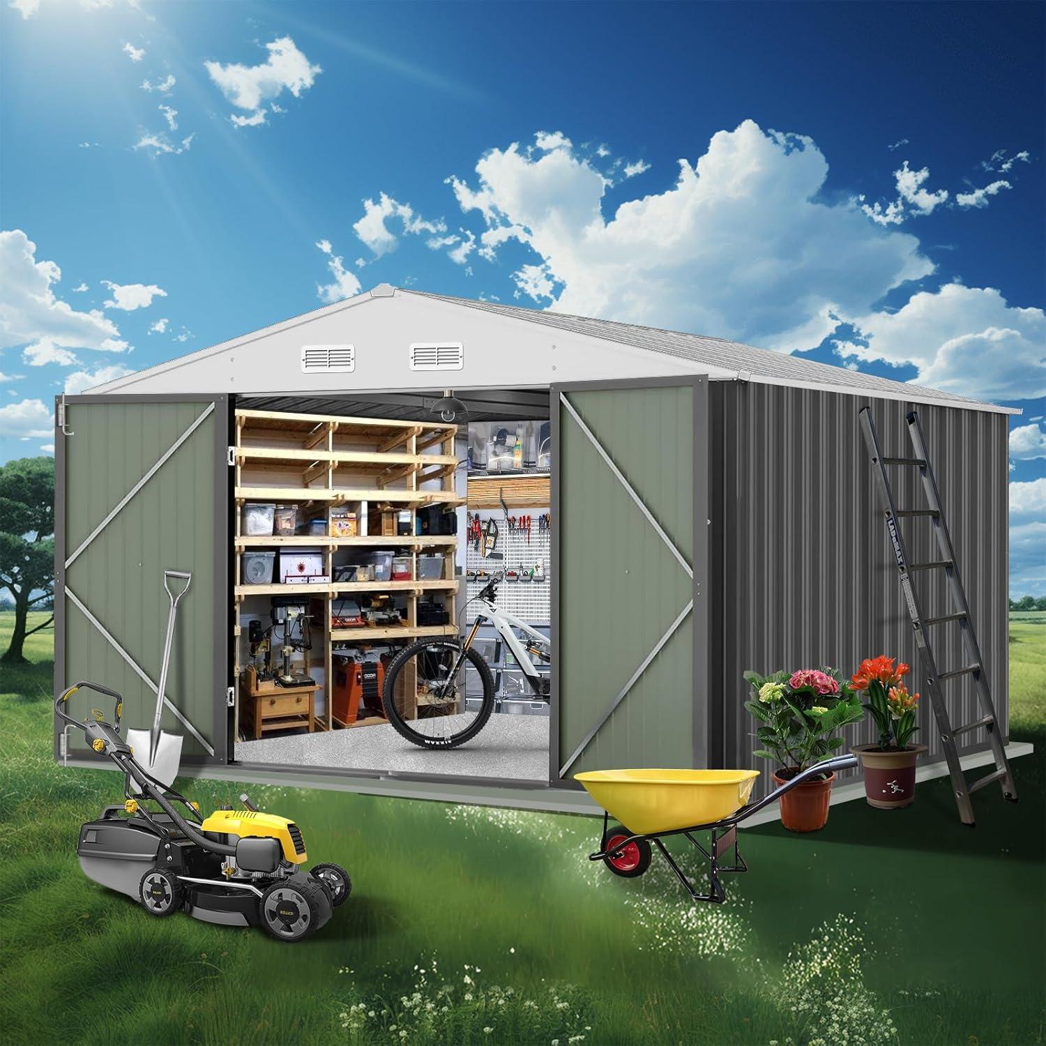 10' x 12' Outdoor Shed, Multipurpose Storage Shed Heavy-Duty Frame, Peak Garden Tool Shed w/Double Doors, Extra Large Size Metal Shed for Patio Lawn Yard