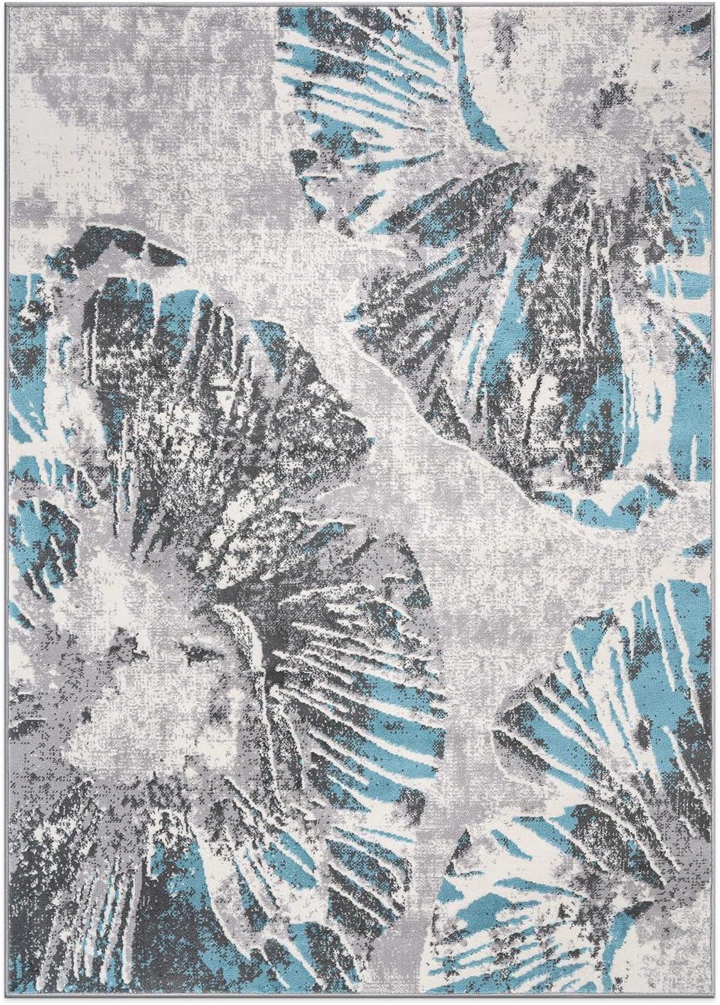 Blue and Gray Floral Stain-Resistant Runner Rug 2' x 7'