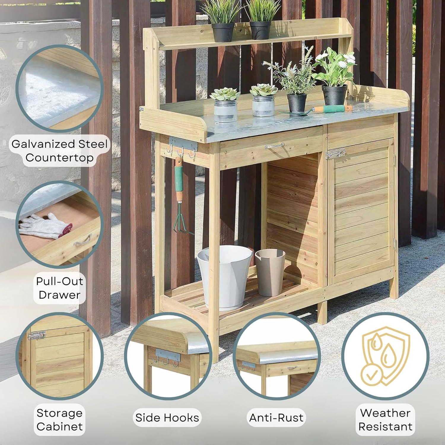 Convenience Concepts Deluxe Potting Bench with Cabinet- Natural Fir Wood Finish