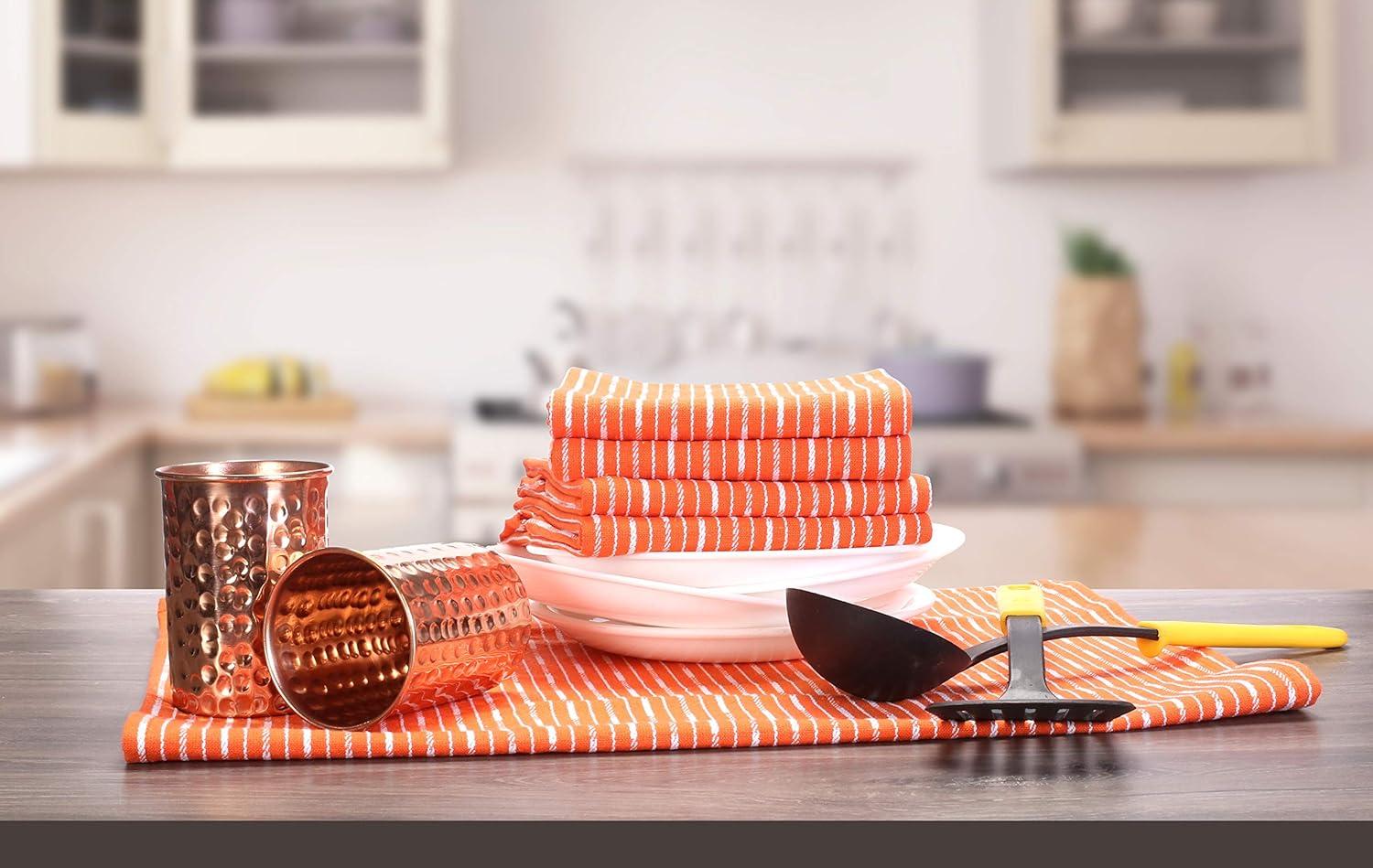 Lavish Touch Brookyn Stripe Kitchen Towel 18x28 inch,100% Cotton, Set of 6 Orange