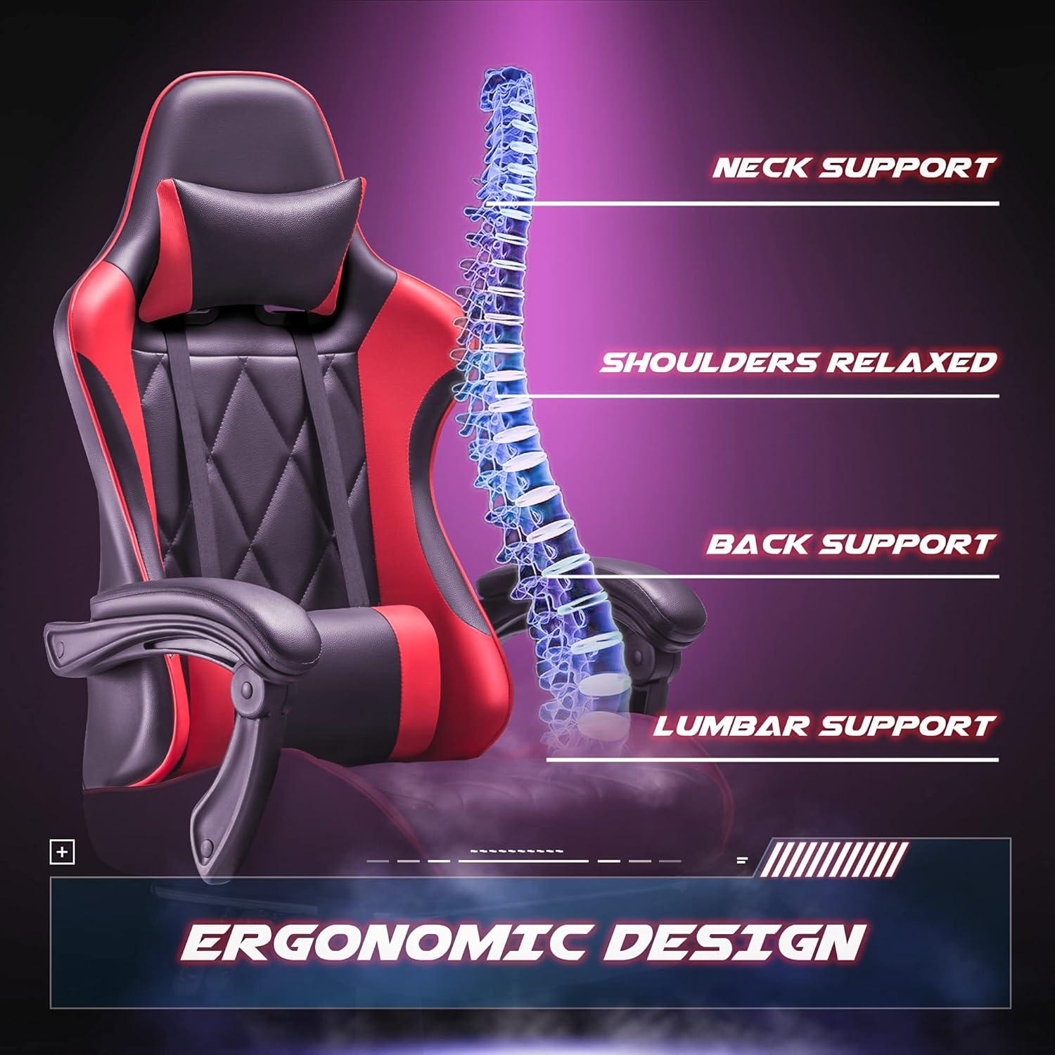 Shahoo Gaming Chair with Footrest and Massage Lumbar Support, Computer Game Chairs Ergonomic Office Seat Height Adjustable with Headrest, Red