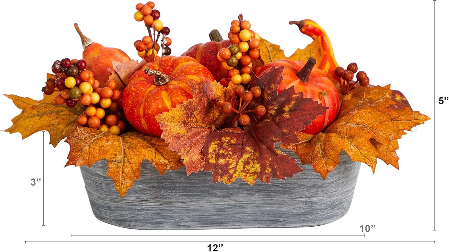 Nearly Natural 12-in Fall Pumpkin and Berries Autumn Harvest Artificial Arrangement in Washed Vase