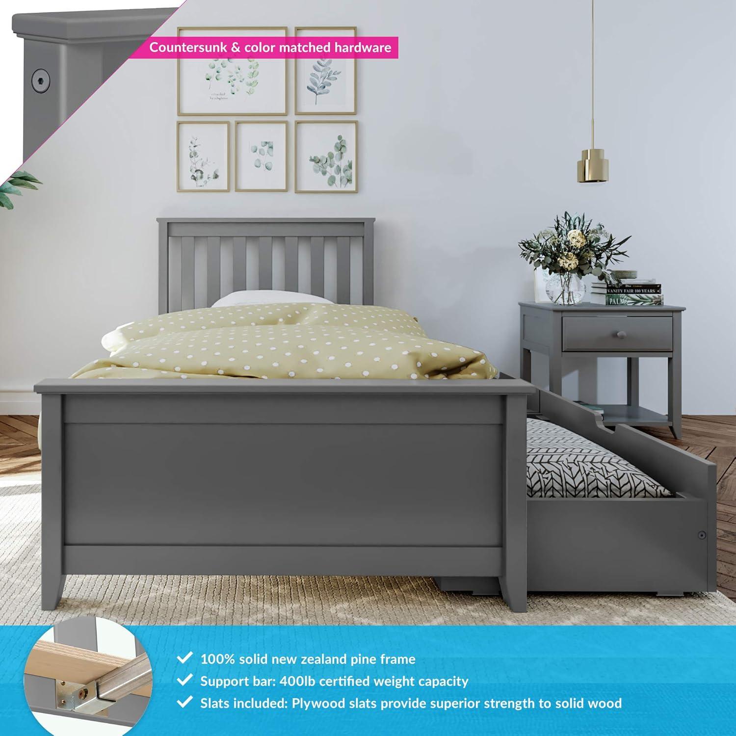 Max & Lily Twin Bed Frame with Storage Drawer, Solid Wood Platform Bed for Kids, Grey