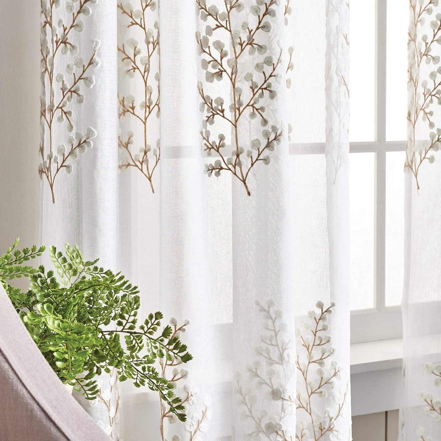 Martha Stewart Georgia Embroidery, Polyester Sheer Poletop Curtain Panel Pair, Ivory, 50"x84", Set of 2, Adult