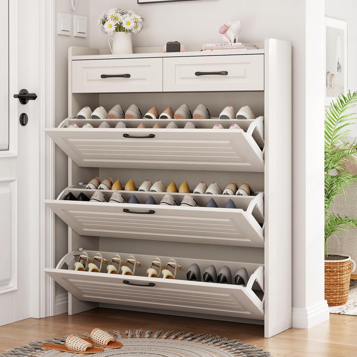 White MDF 3-Tier Flip Down Shoe Cabinet with Drawers