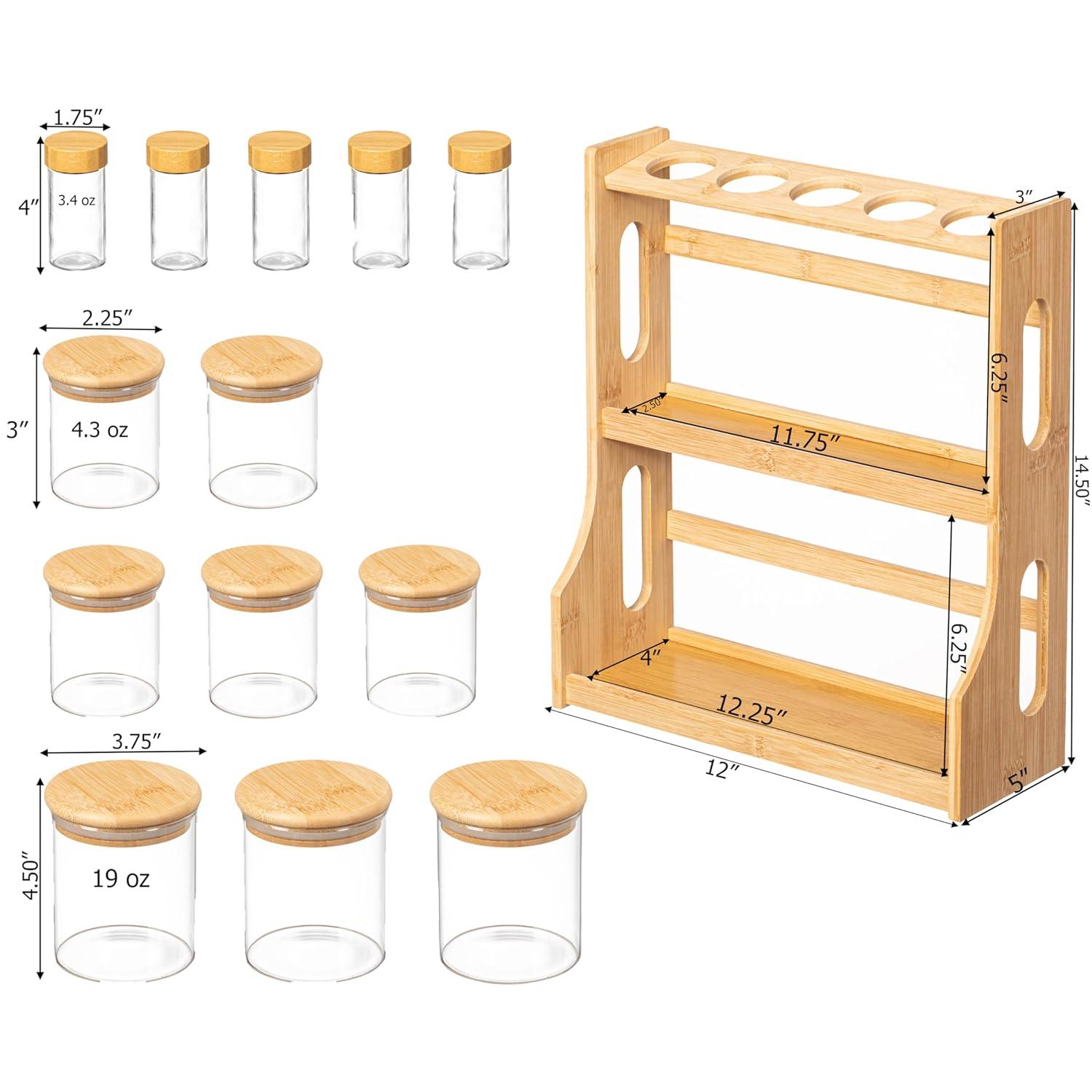 Basicwise Basicwise Versatile 3-tier Bamboo Spice Rack And Pantry Organizer With 13 Glass Jars – Perfect For Countertop Storage In Kitchens To Keep  Seasoning Containers Neatly Displayed And Easily Accessible