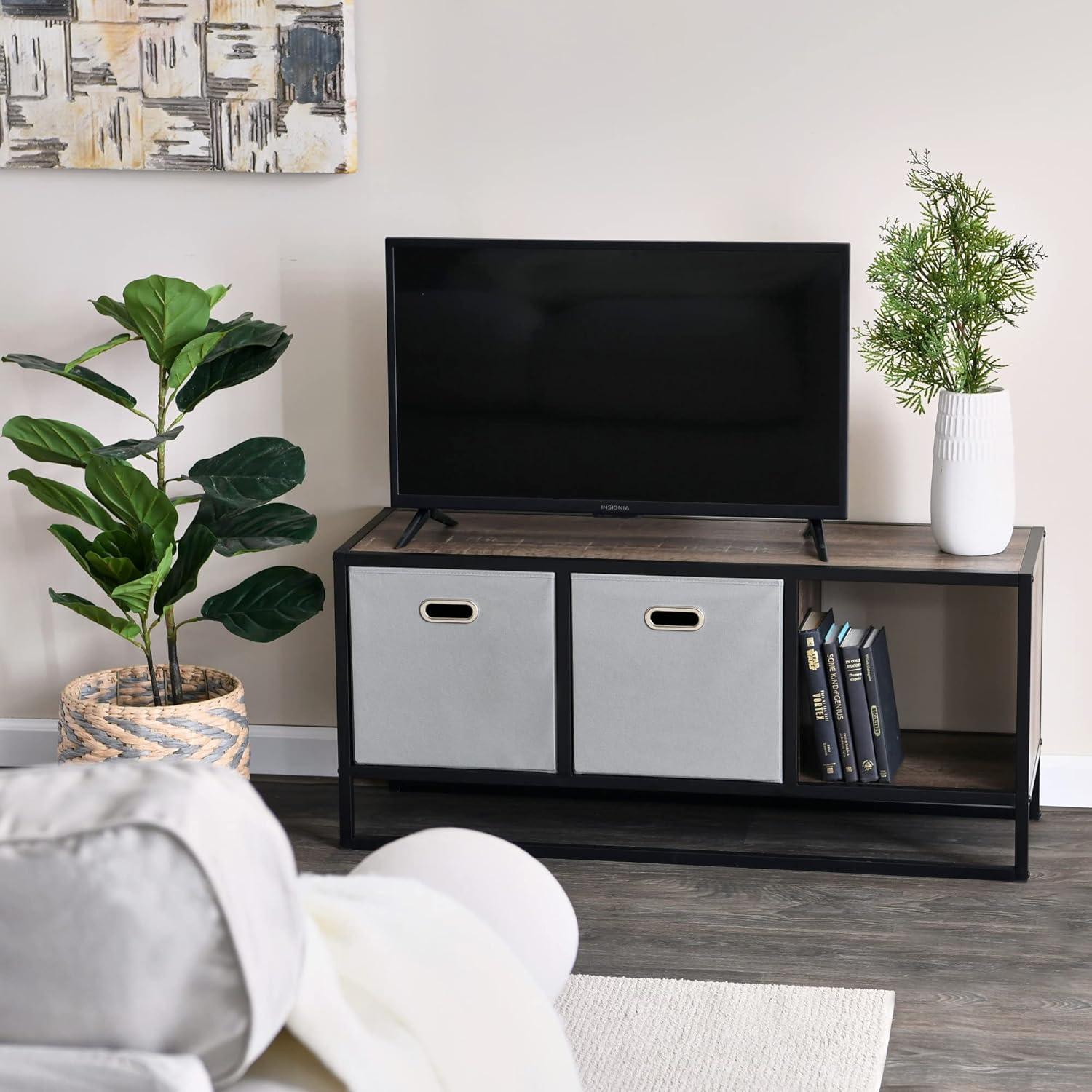 Household Essentials Jamestown TV Stand Coffee Table with Square Cube Storage Compartments Ashwood Rustic Wood Grain and Black Metal