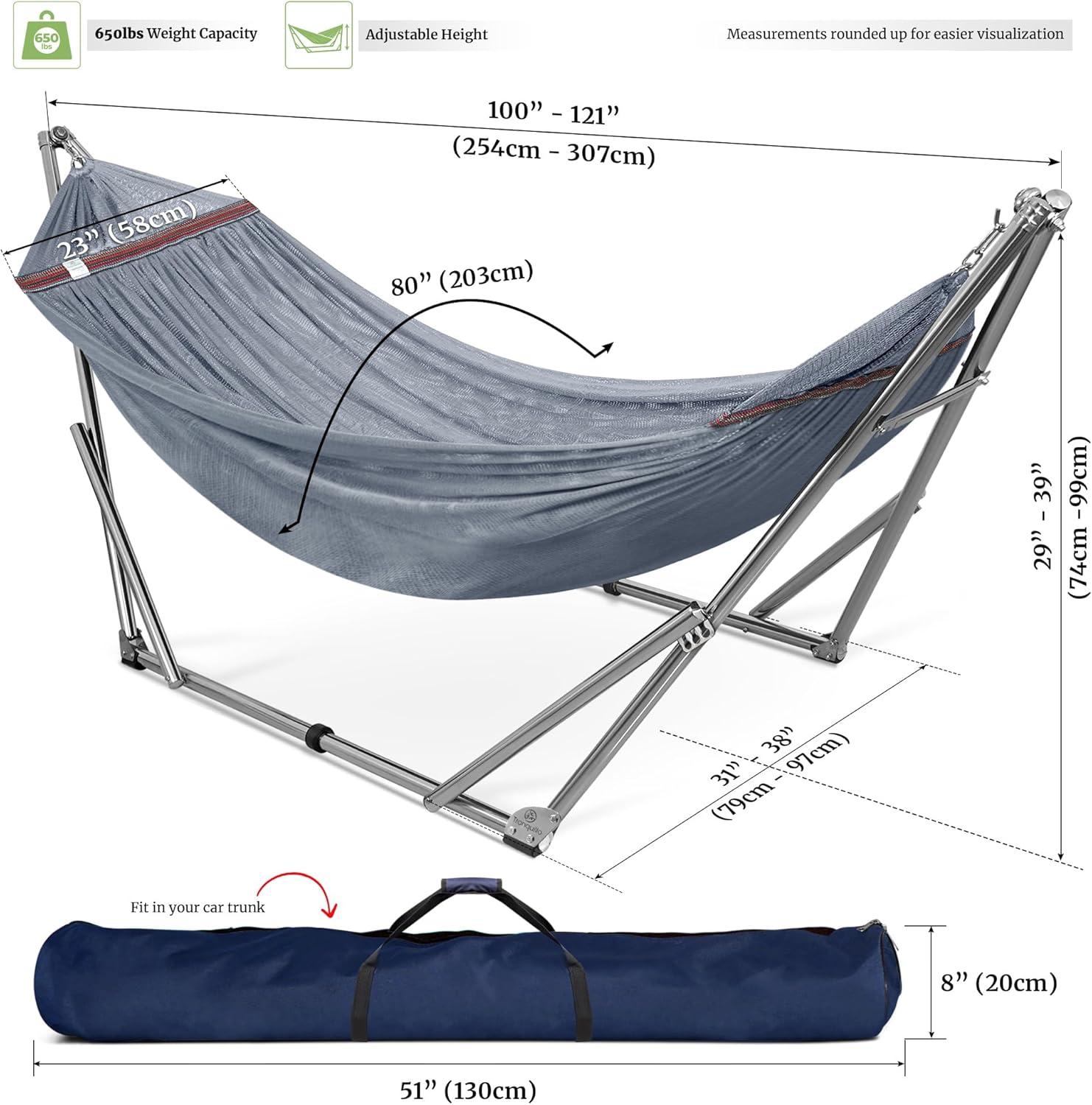 Tranquillo Adjustable Hammock Stand, Collapsible Camping Hammock and Stand, 650 lbs Capacity Deluxe Double Hammock Stand for 2 Persons, Portable Everywhere Easy Assembly Non-Slip and Noise-Free, Grey