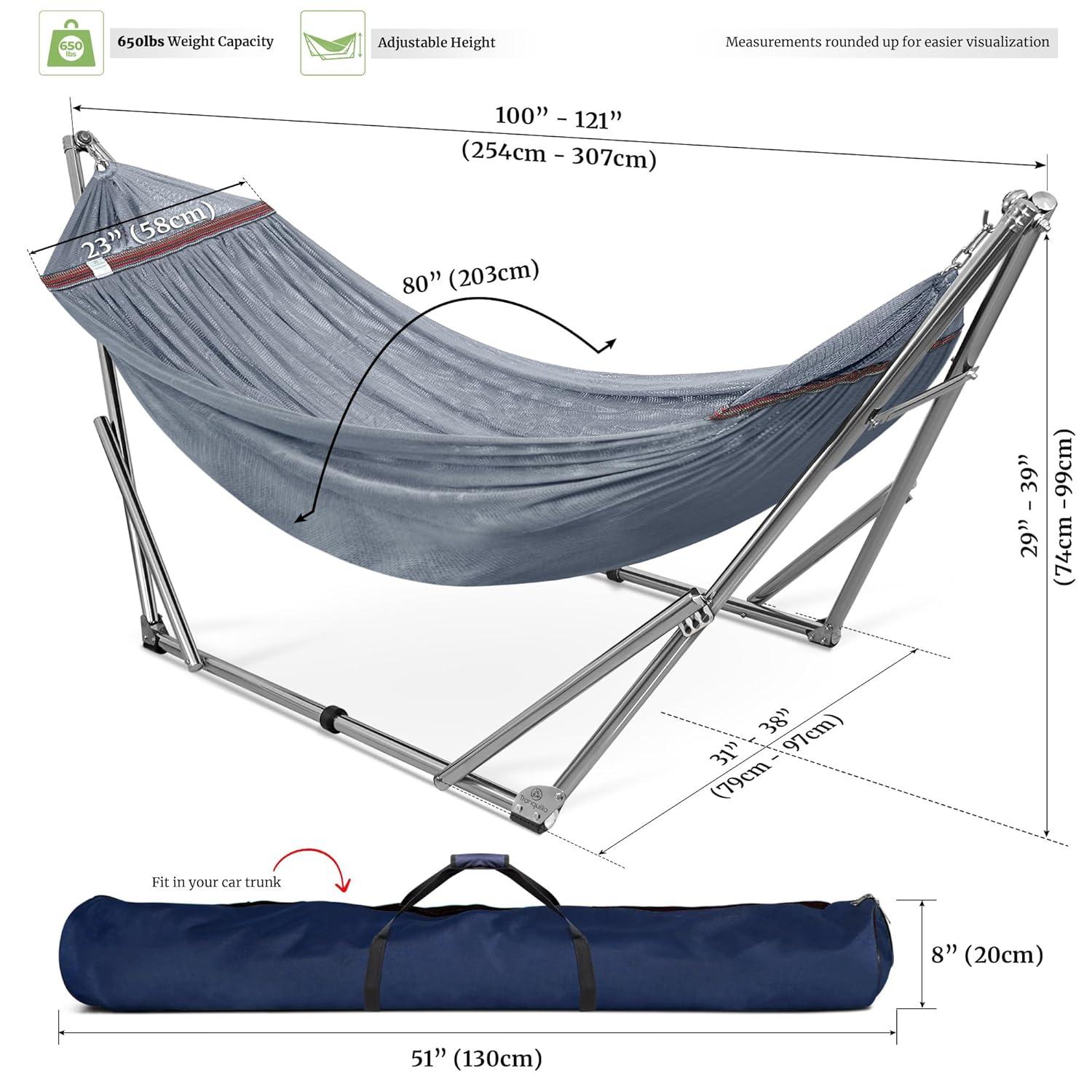 Tranquillo Adjustable Hammock Stand, Collapsible Camping Hammock and Stand, 650 lbs Capacity Deluxe Double Hammock Stand for 2 Persons, Portable Everywhere Easy Assembly Non-Slip and Noise-Free, Grey