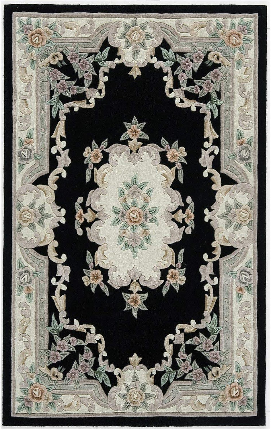 Handmade Black Wool Tufted Floral Area Rug 5' x 8'