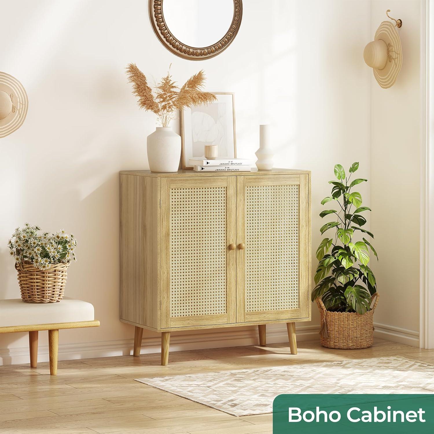 Natural Wood and Rattan Freestanding Storage Cabinet