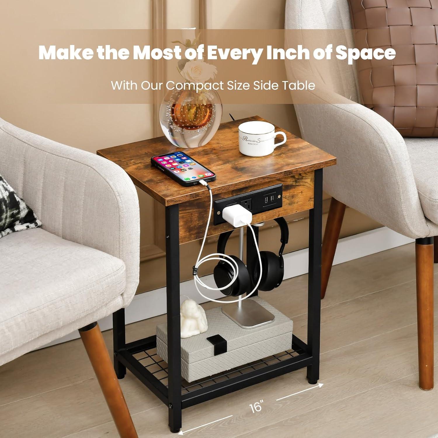 Costway Set of 2 End Tables with Charging Station Industrial Bed Side Table with AC Outlets & USB Port Rustic Brown