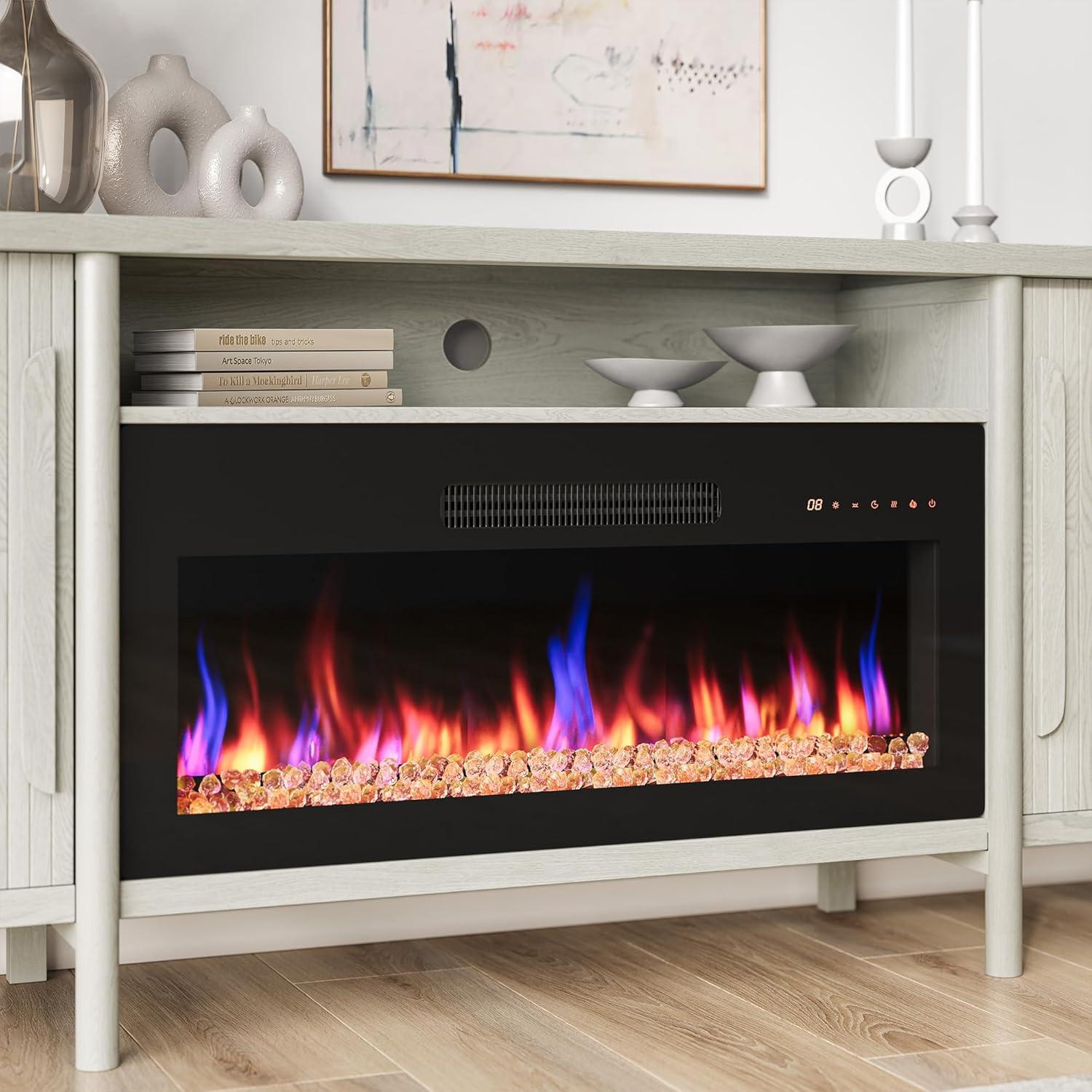 BELLEZE 66" TV Stand with 36" Electric Fireplace, Wood Console Table for TVs up to 75 Inches, Entertainment Center with Storage Cabinets for Living Room, Bedroom - Portman (White Sand)