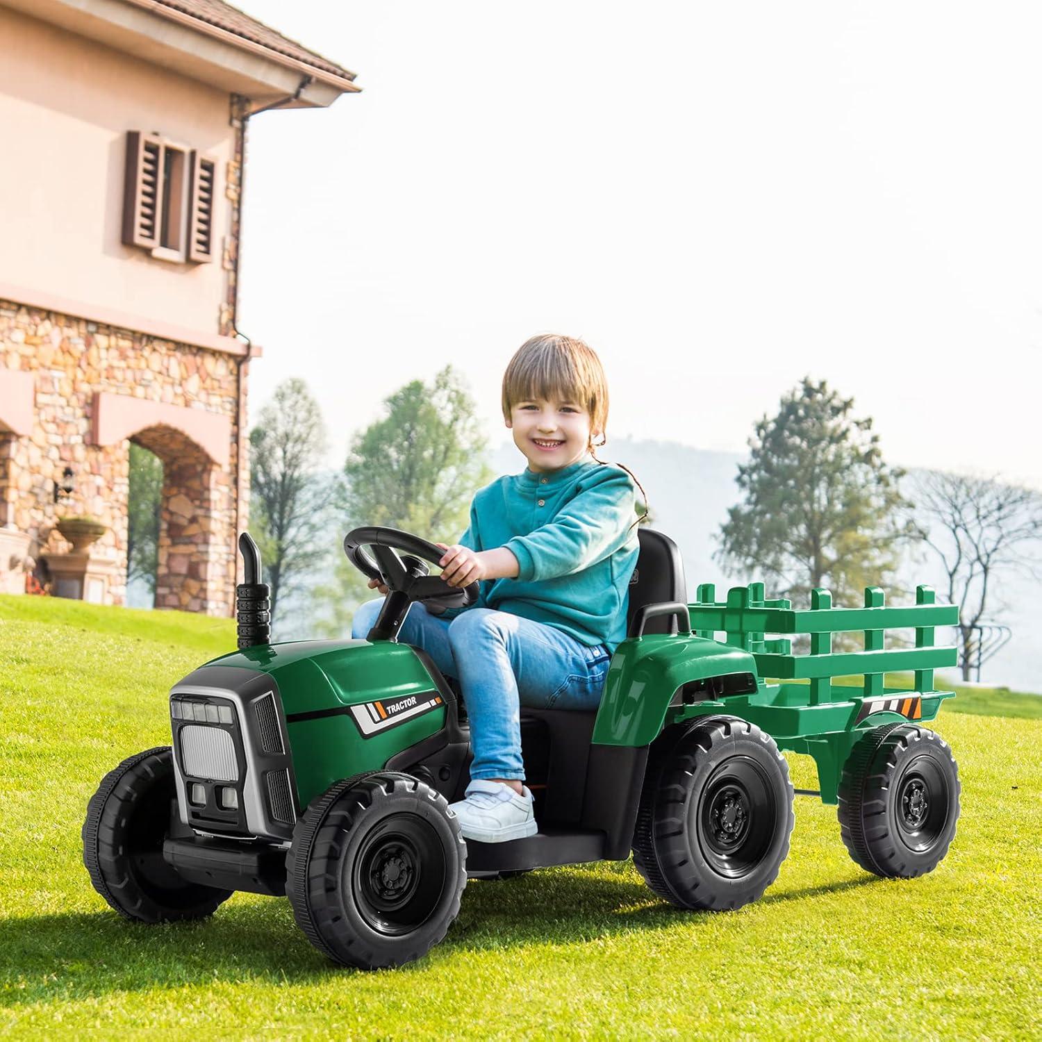 JOYMOR Ride on Tractor with Remote Control, 12V Electric Tractor with Trailer for Toddler, Battery Powered Ride on car Toy for Boys and Girls